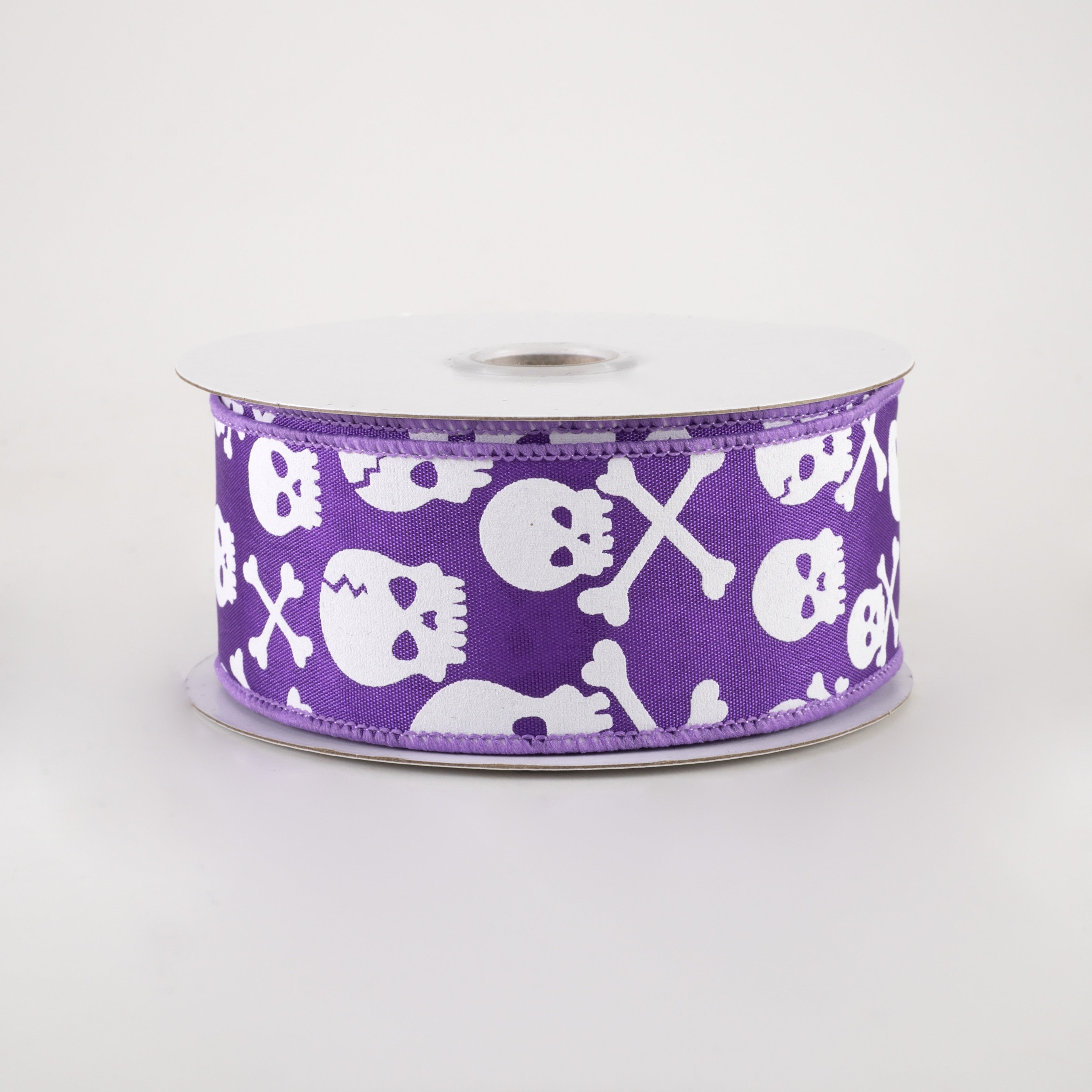 1.5" Skull and Crossbones Ribbon: Purple & White (10 Yards)