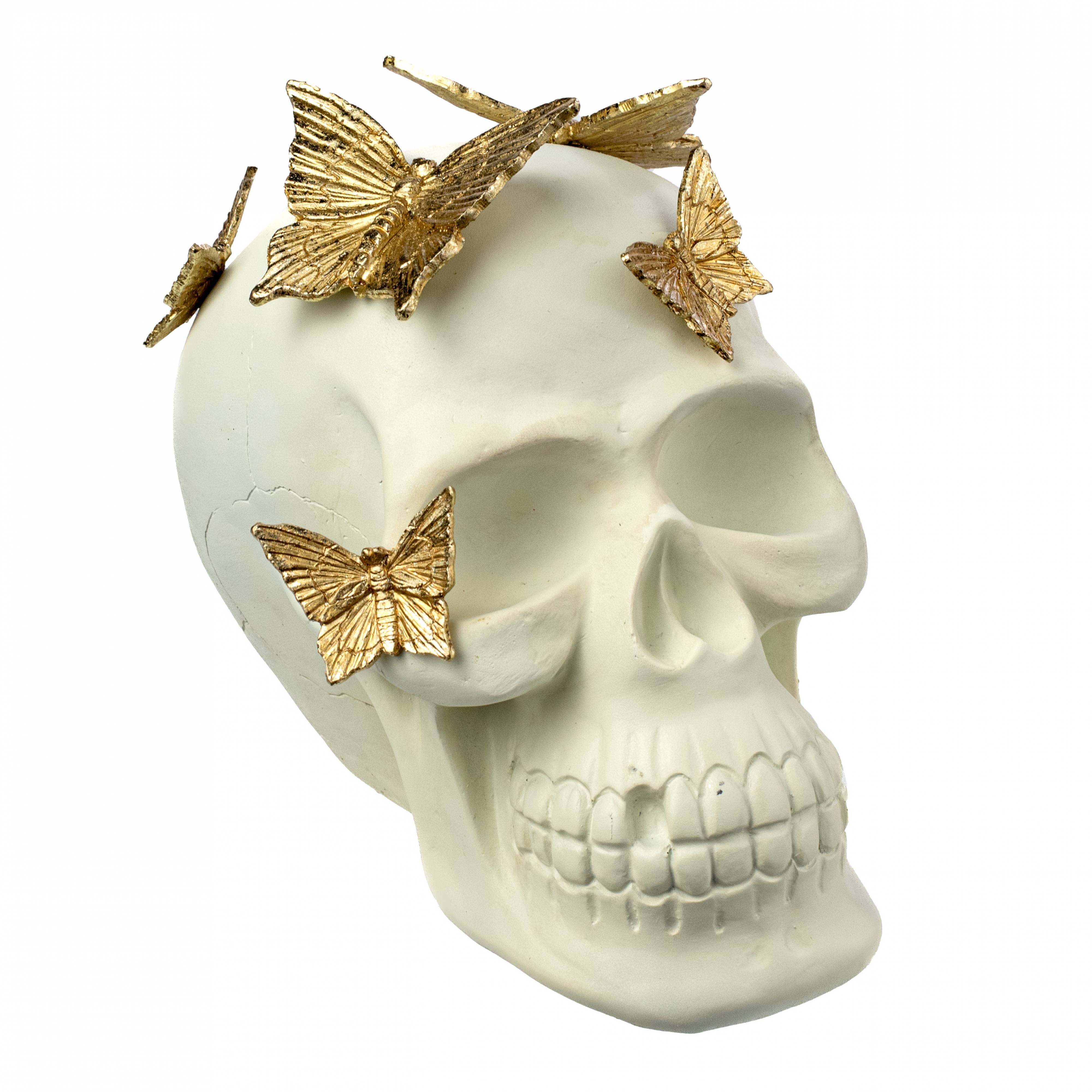7.75" Skull with Butterflies Decor Item Number: AFZ711-BE/GO