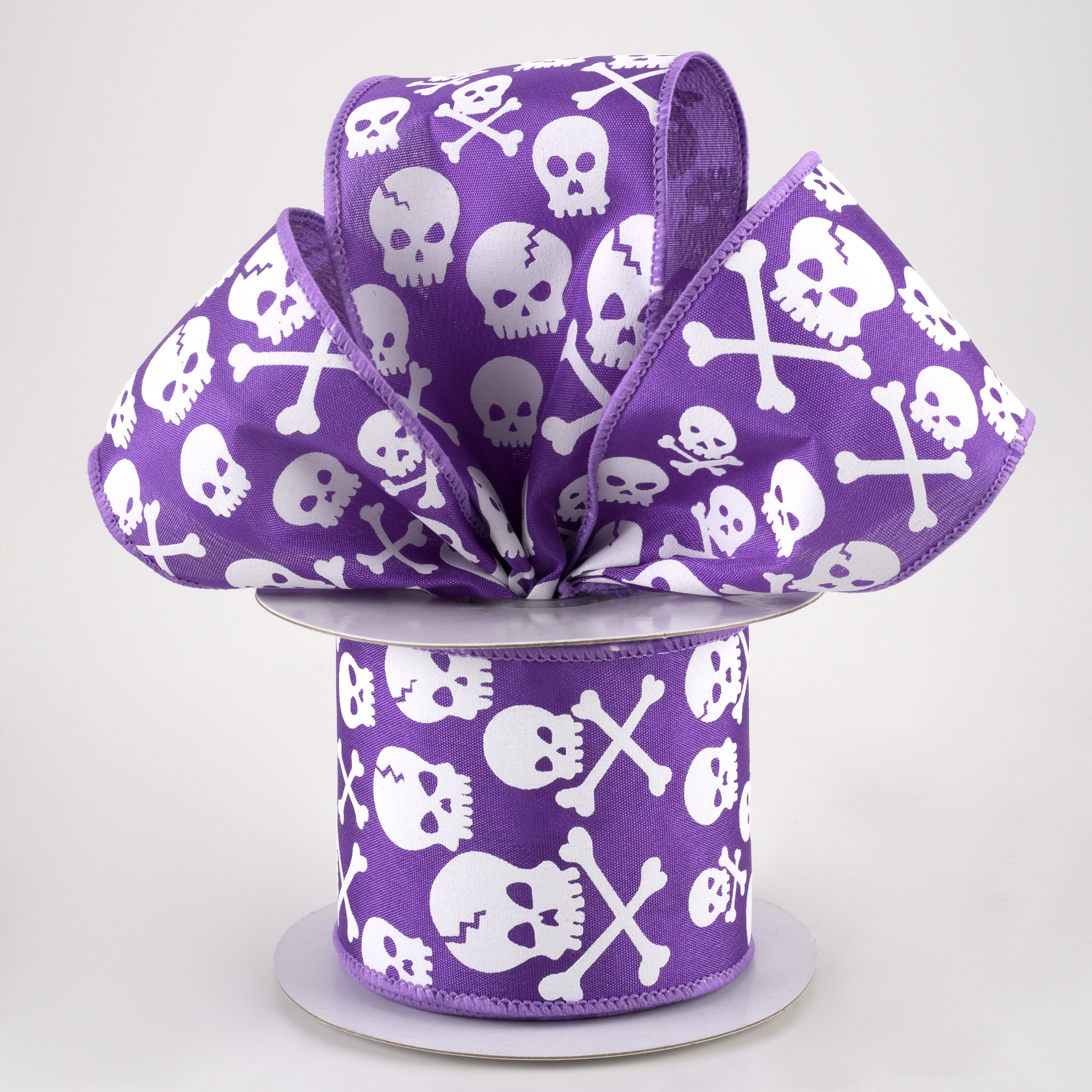 2.5" Skull and Crossbones Ribbon: Purple & White (10 Yards) Lifestyle Photo