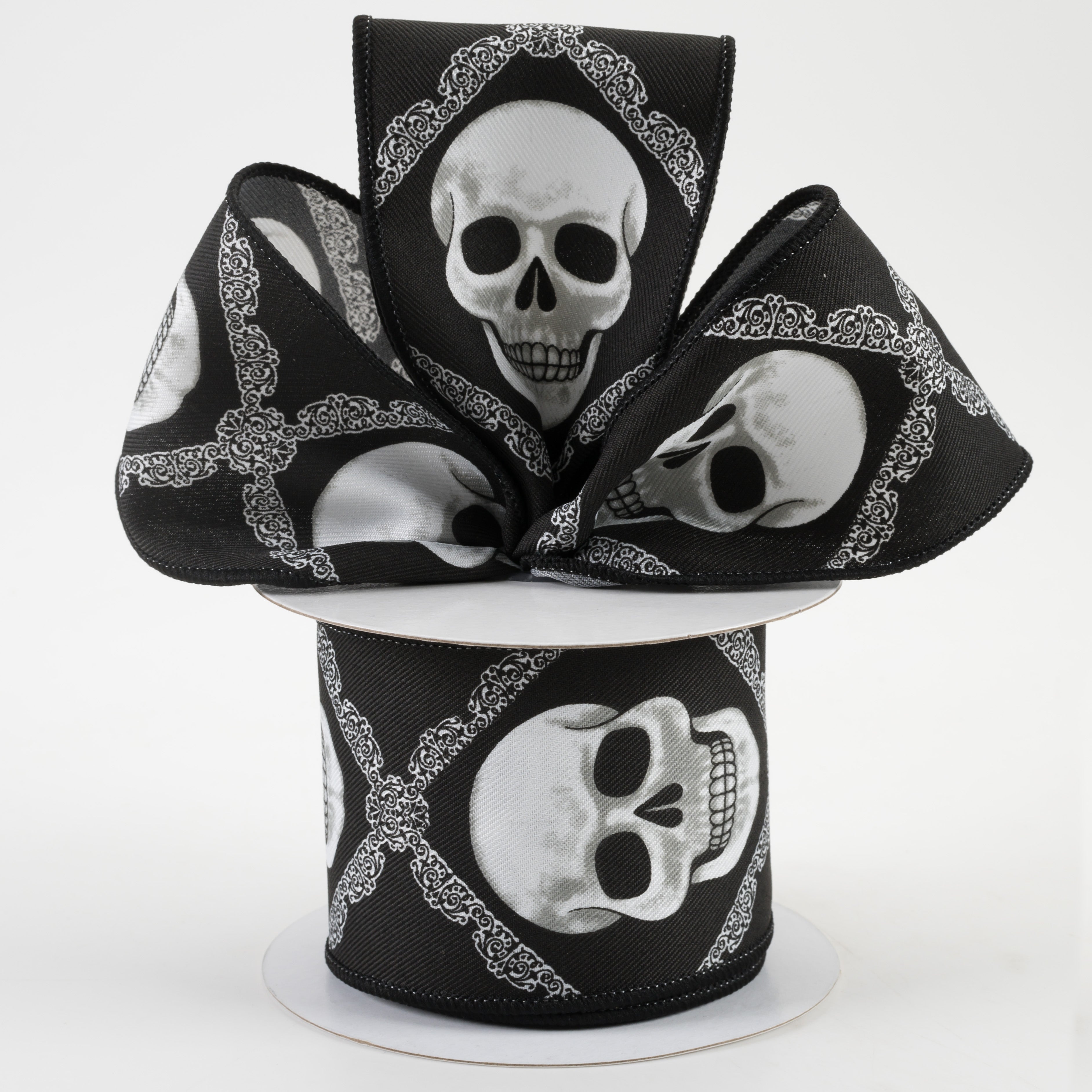 2.5" Skulls Diagonal Weave Ribbon: Black & White (10 Yards) Lifestyle Photo