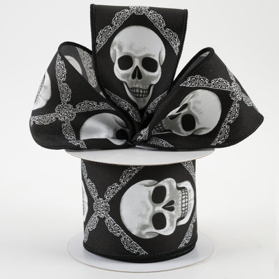 2.5" Skulls Diagonal Weave Ribbon: Black & White (10 Yards) Lifestyle Photo