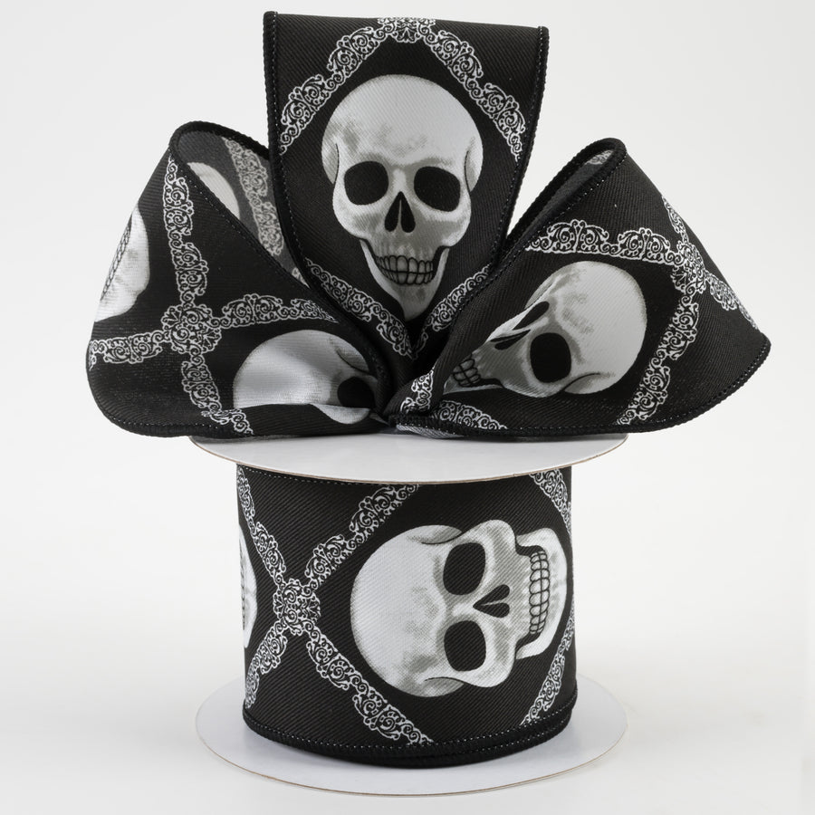 2.5" Skulls Diagonal Weave Ribbon: Black & White (10 Yards) Lifestyle Photo