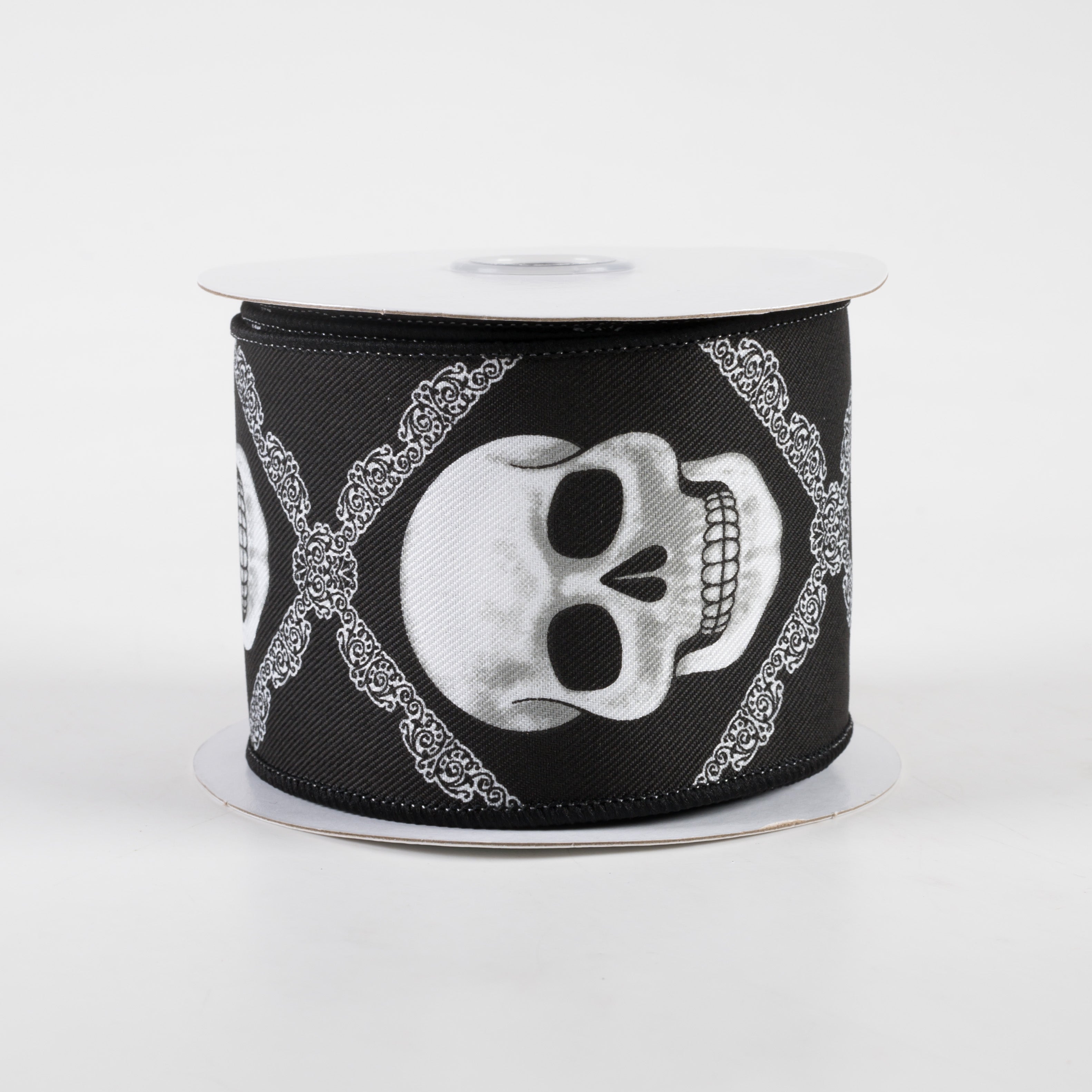 2.5" Skulls Diagonal Weave Ribbon: Black & White (10 Yards)