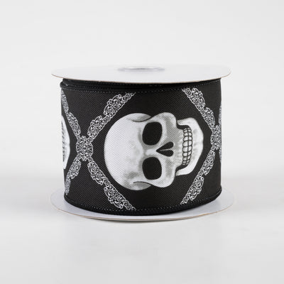 2.5" Skulls Diagonal Weave Ribbon: Black & White (10 Yards)