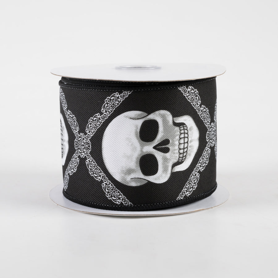 2.5" Skulls Diagonal Weave Ribbon: Black & White (10 Yards)