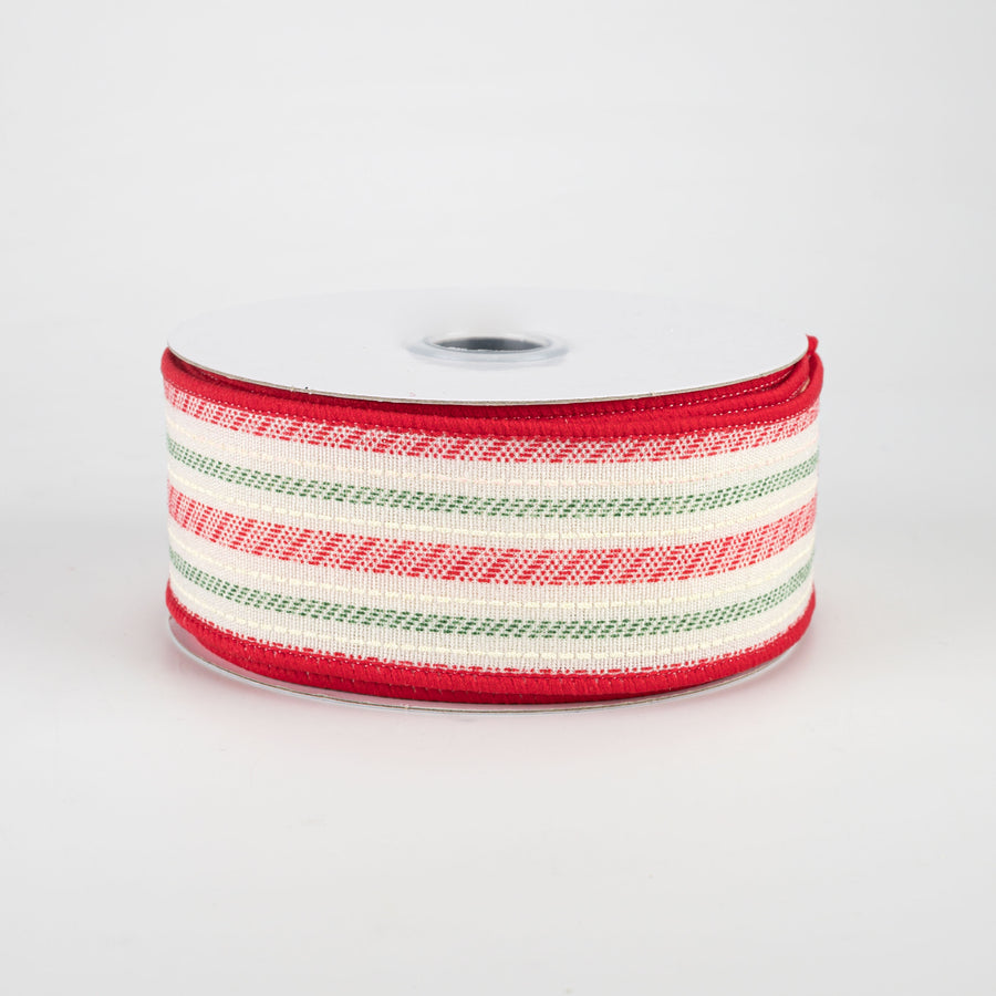 1.5" Slash Stripe Ticking Ribbon: Ivory, Red, Green (10 Yards)