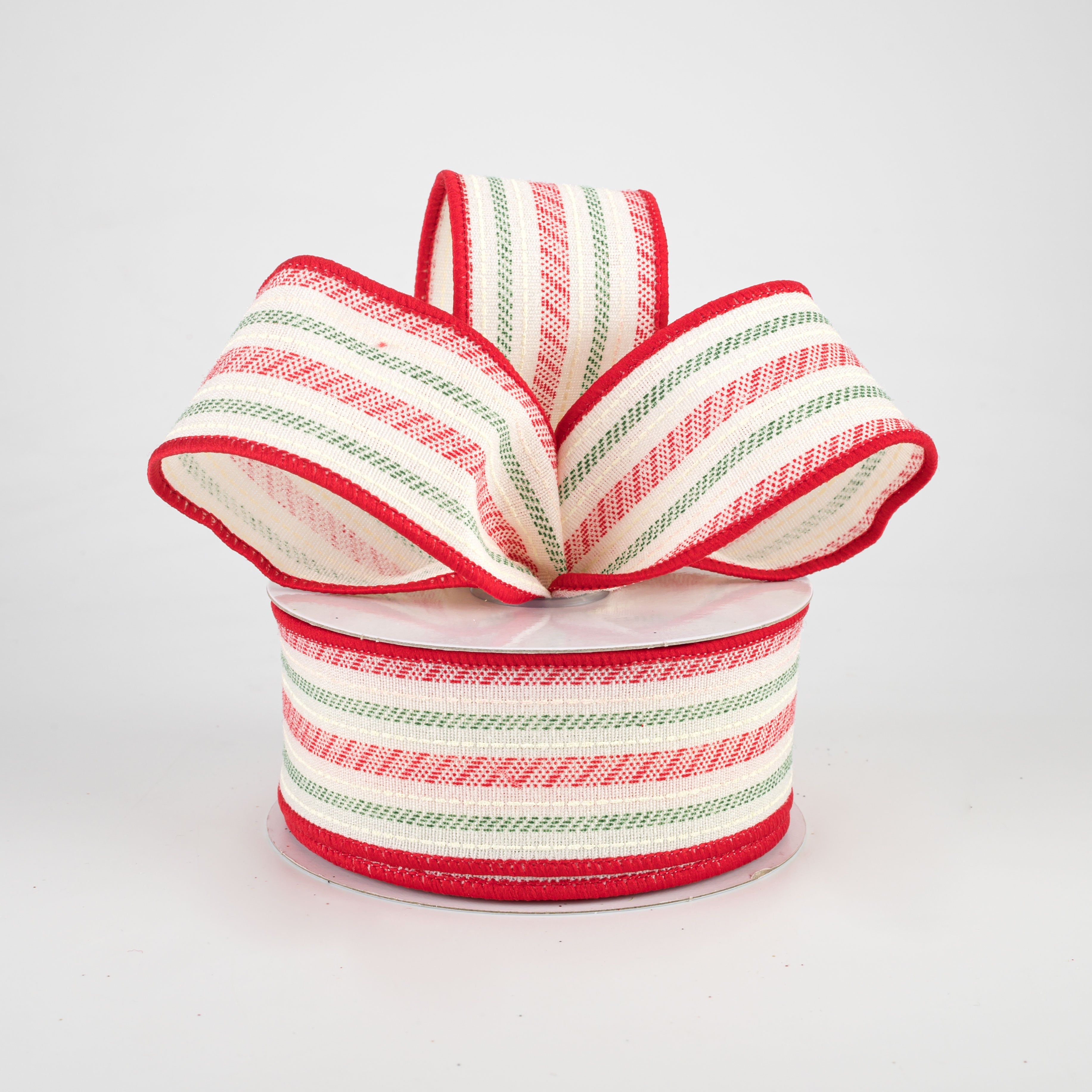 1.5" Slash Stripe Ticking Ribbon: Ivory, Red, Green (10 Yards) Lifestyle Photo