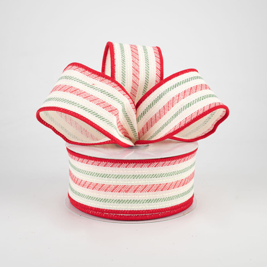 1.5" Slash Stripe Ticking Ribbon: Ivory, Red, Green (10 Yards) Lifestyle Photo