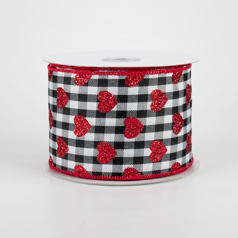 2.5" Small Glitter Hearts Check Ribbon: Black (10 Yards)