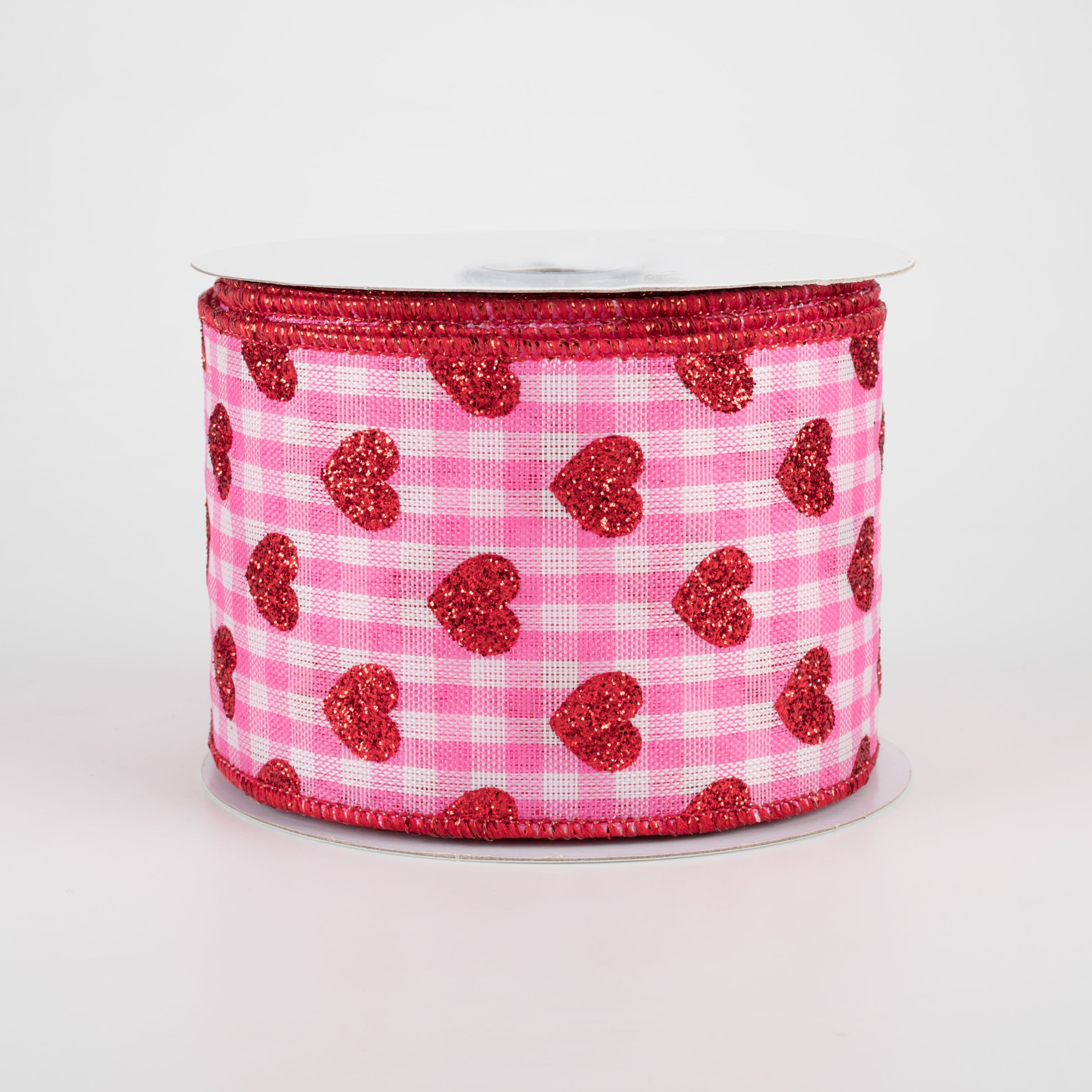 2.5" Small Glitter Hearts Check Ribbon: Light Pink (10 Yards)