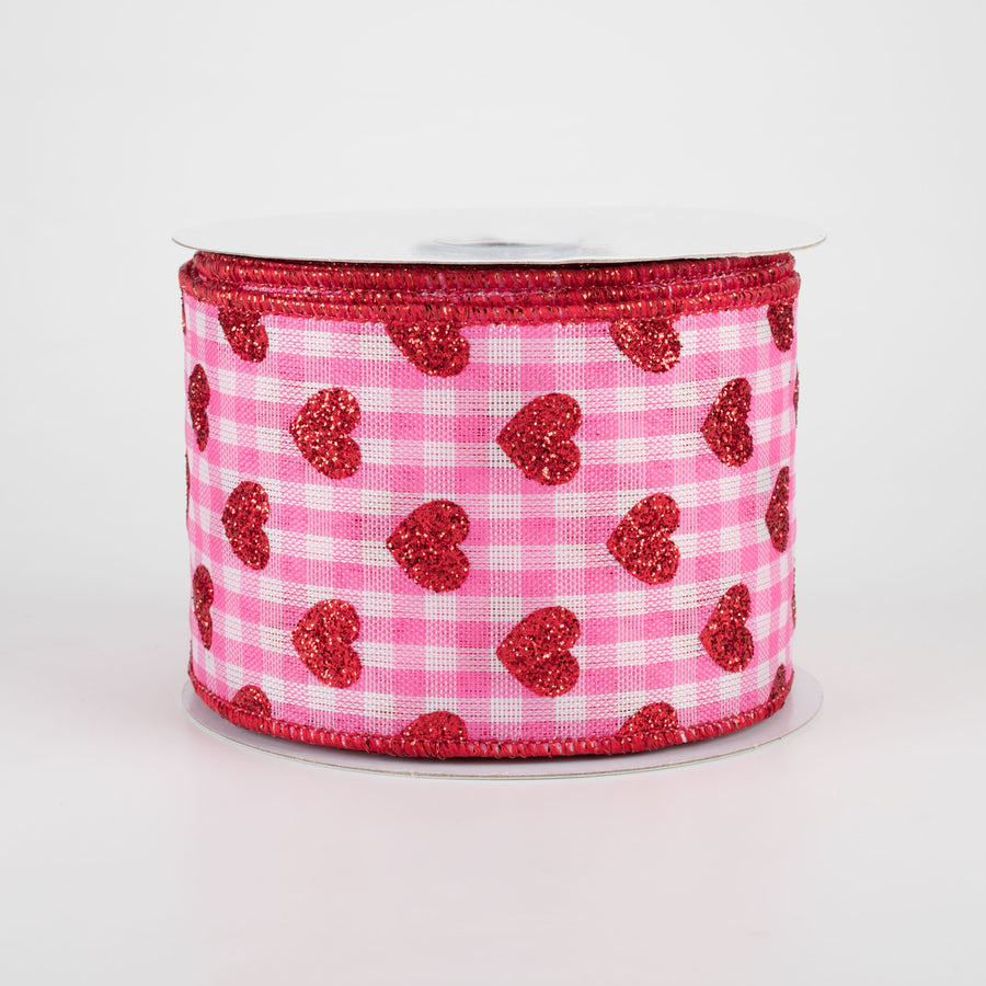 2.5" Small Glitter Hearts Check Ribbon: Light Pink (10 Yards)