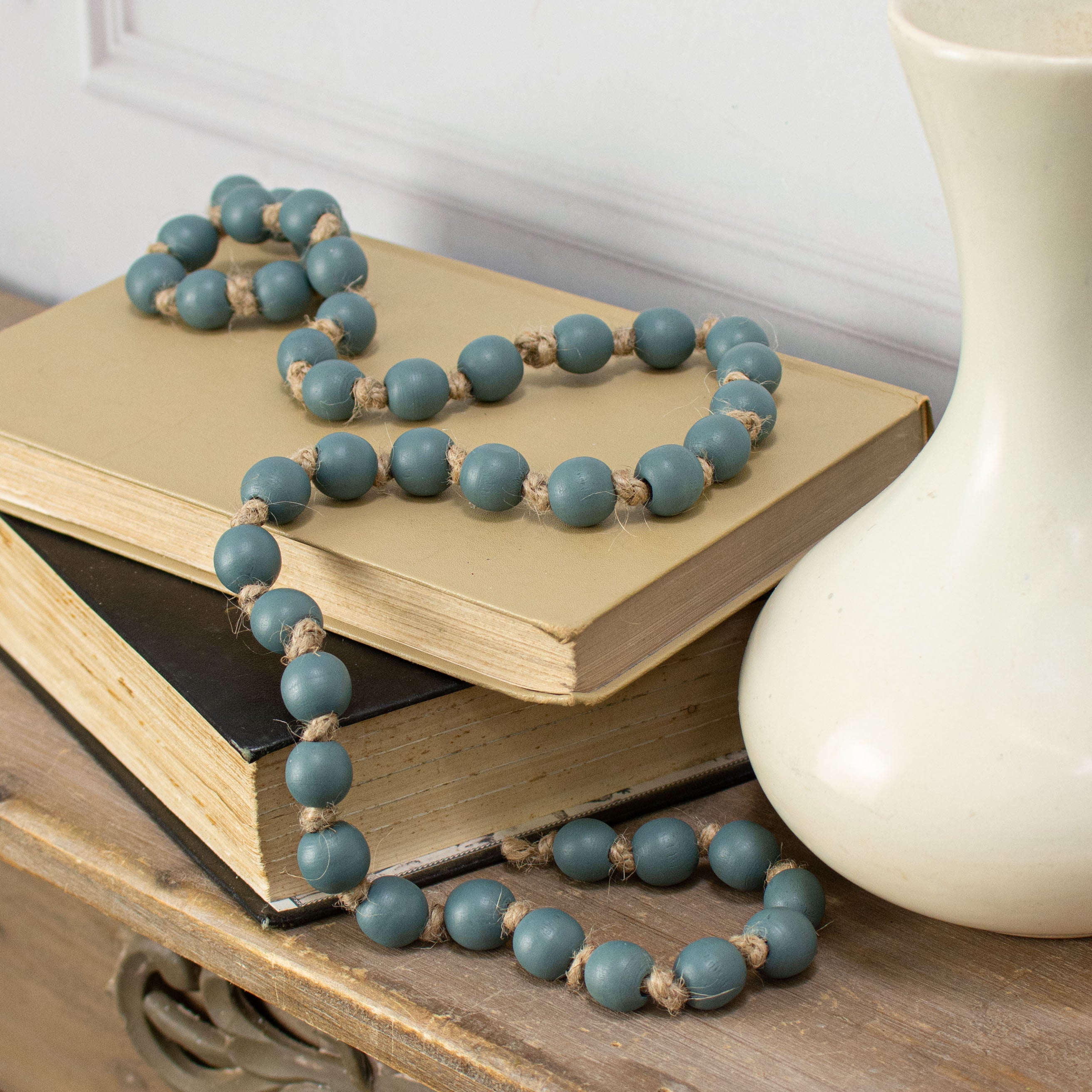 39" Small Wood Bead Garland: Smoke Blue Lifestyle Photo