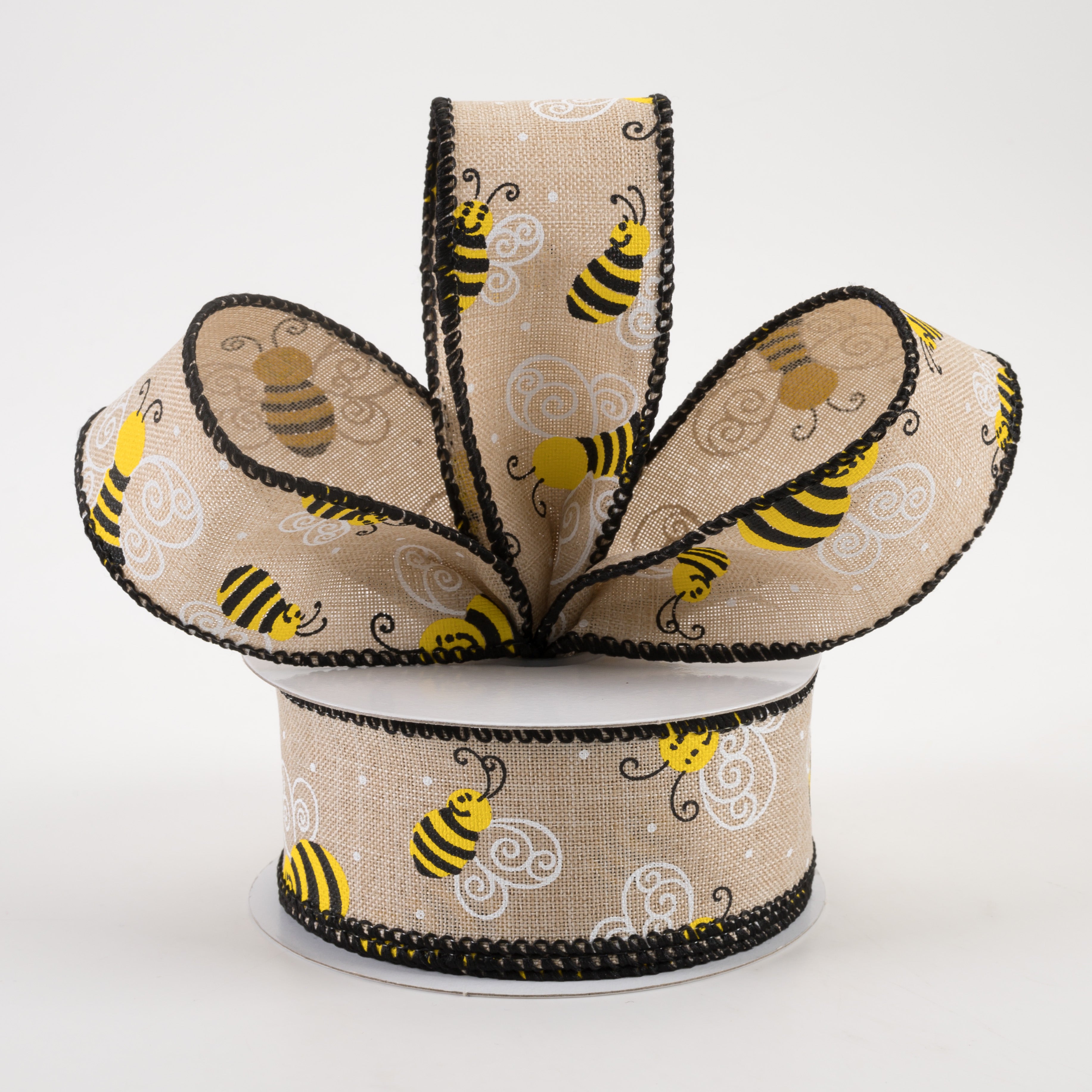 1.5" Smiling Bumble Bee Linen Ribbon: Natural (10 Yards) Lifestyle Photo
