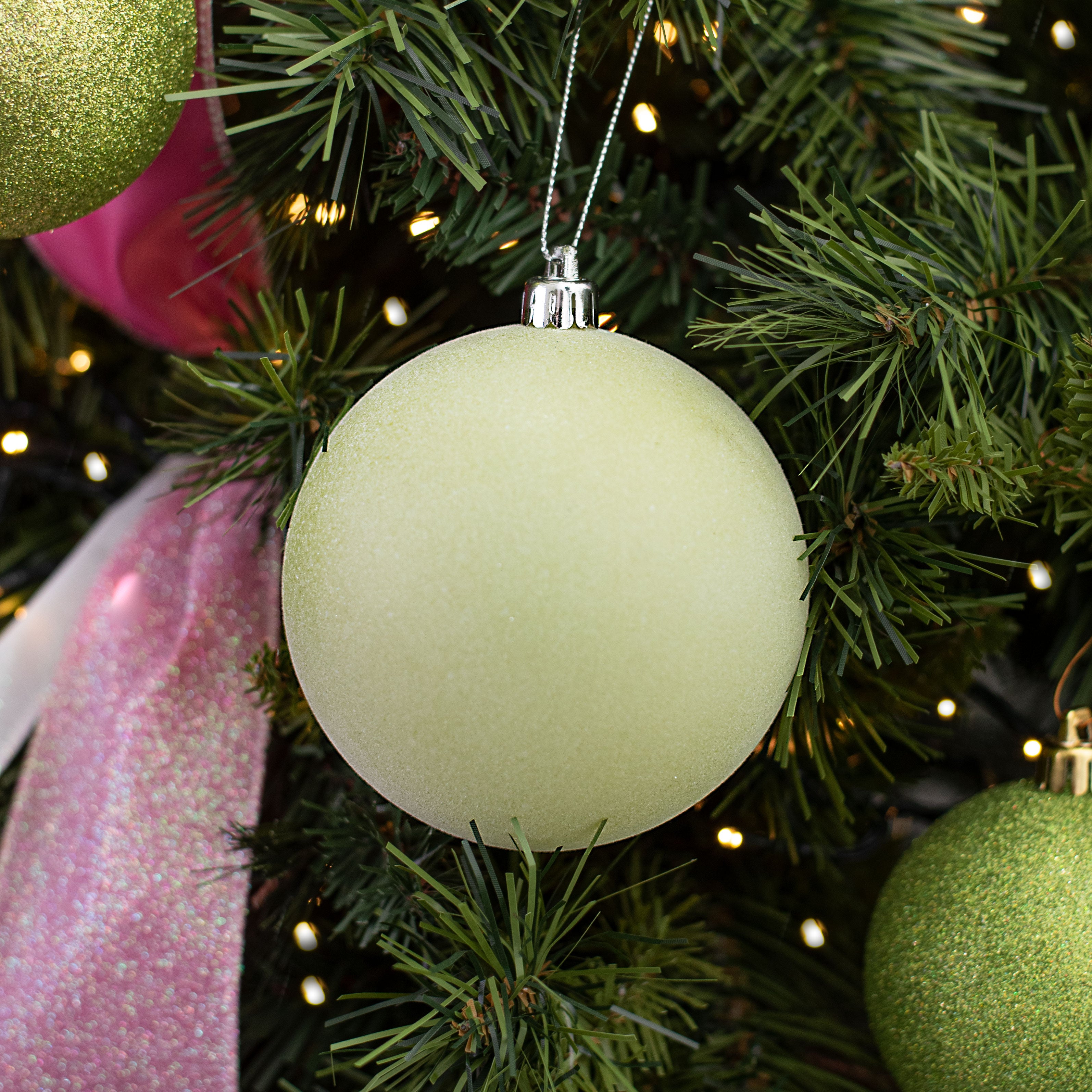 4" Smooth Flocked Ball Ornament: Sage Green Lifestyle Photo