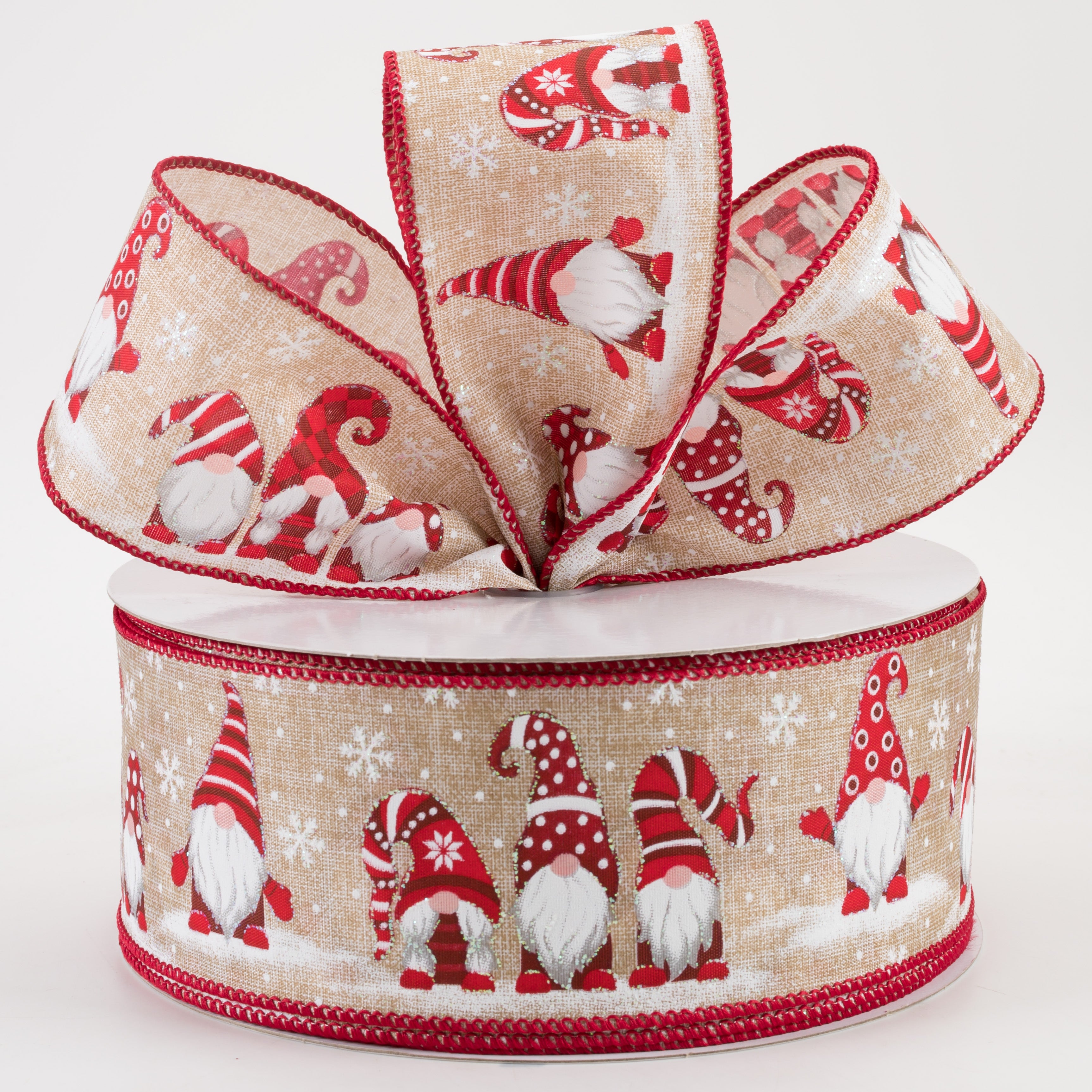 2.5" Snow Day Gnomes Linen Ribbon: Natural (50 Yards) Lifestyle Photo