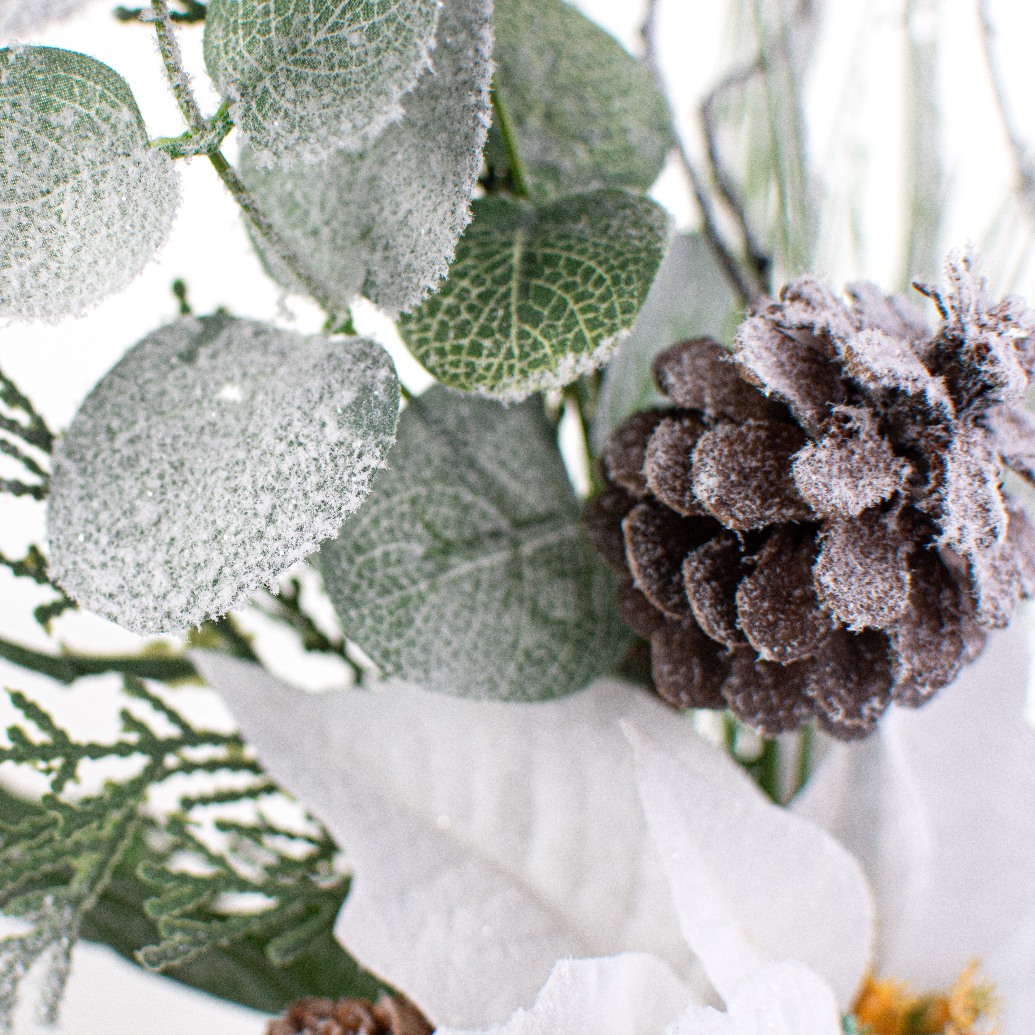 20" Snow Frosted Poinsettia Eucalyptus Pick: White Lifestyle Photo