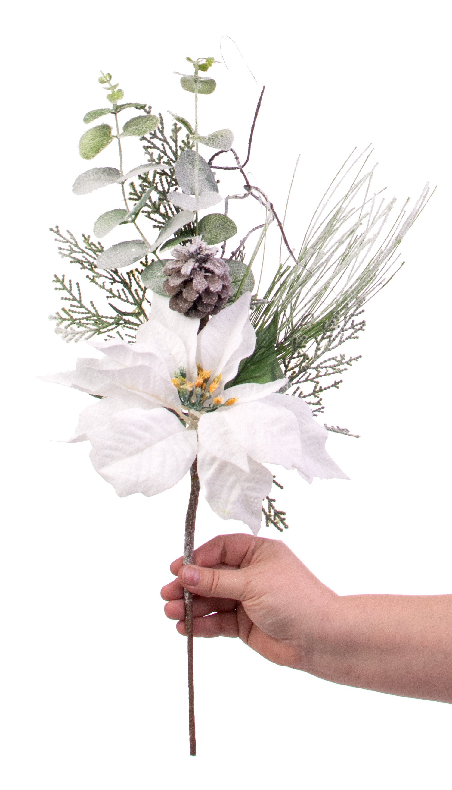 20" Snow Frosted Poinsettia Eucalyptus Pick: White detail photo 3