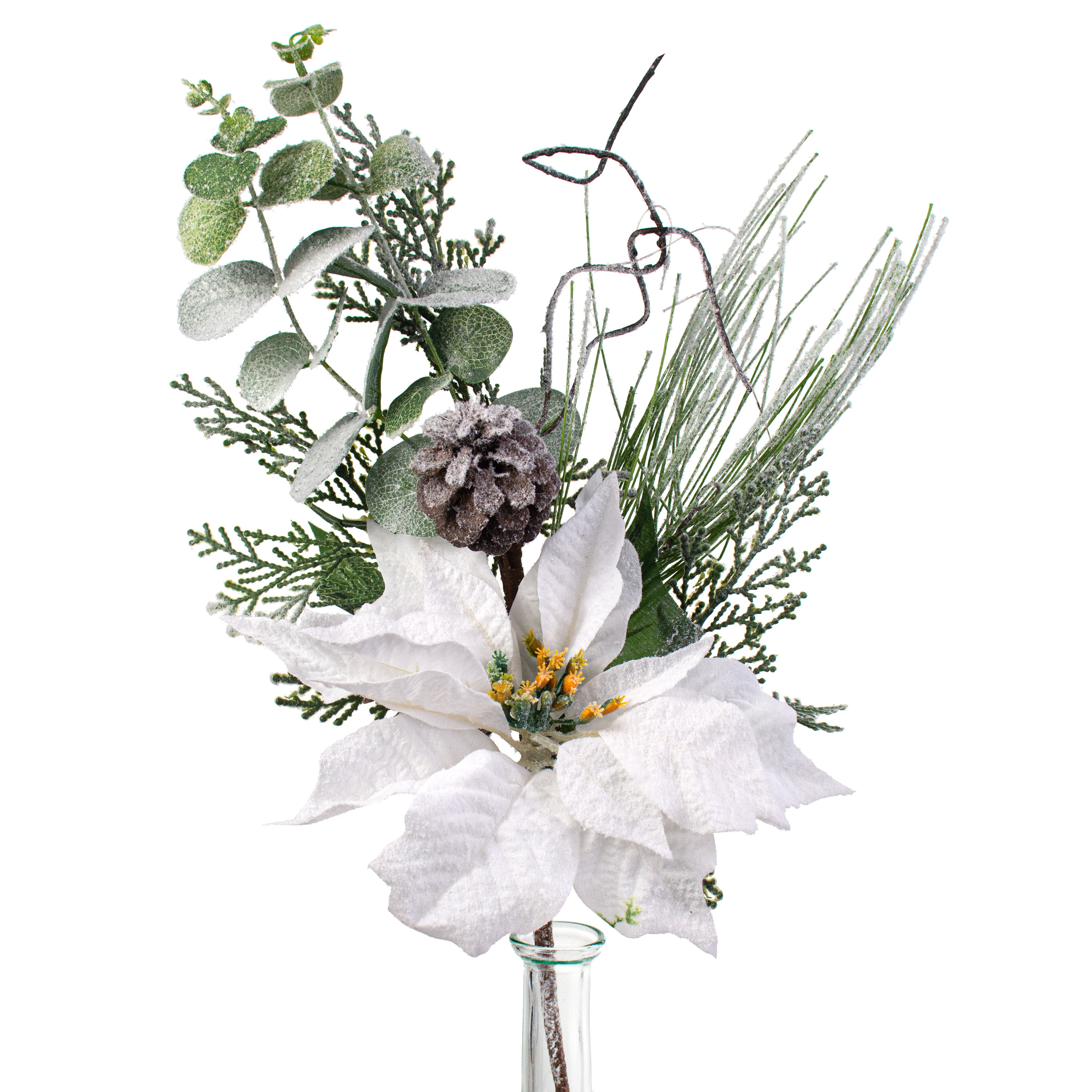 20" Snow Frosted Poinsettia Eucalyptus Pick: White Item Number: 84232WT