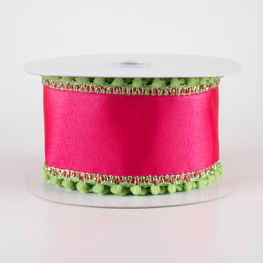 2.5" Snowball Edge Ribbed Satin Ribbon: Hot Pink & Lime (10 Yards)