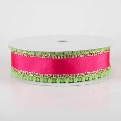 1.5" Snowball Edge Ribbed Satin Ribbon: Hot Pink & Lime (10 Yards)
