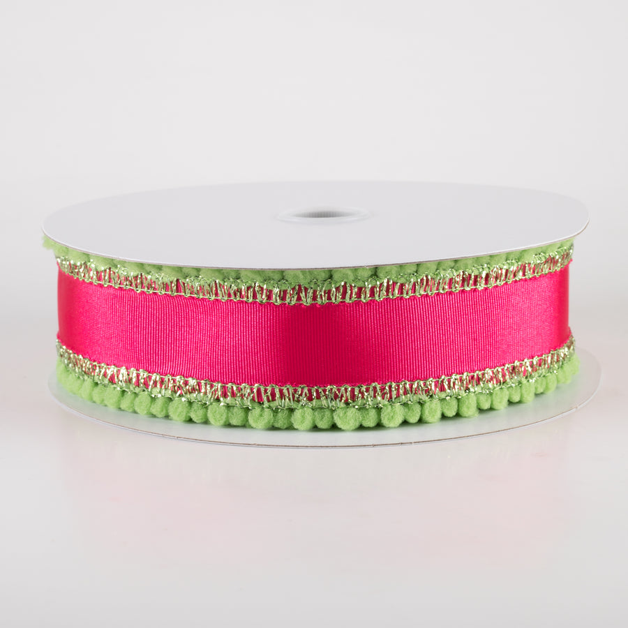 1.5" Snowball Edge Ribbed Satin Ribbon: Hot Pink & Lime (10 Yards)