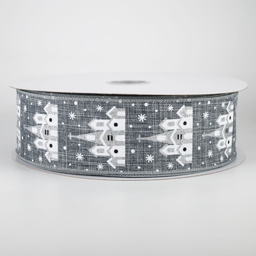 2.5" Snowflake & Church Ribbon: Grey (50 Yards)