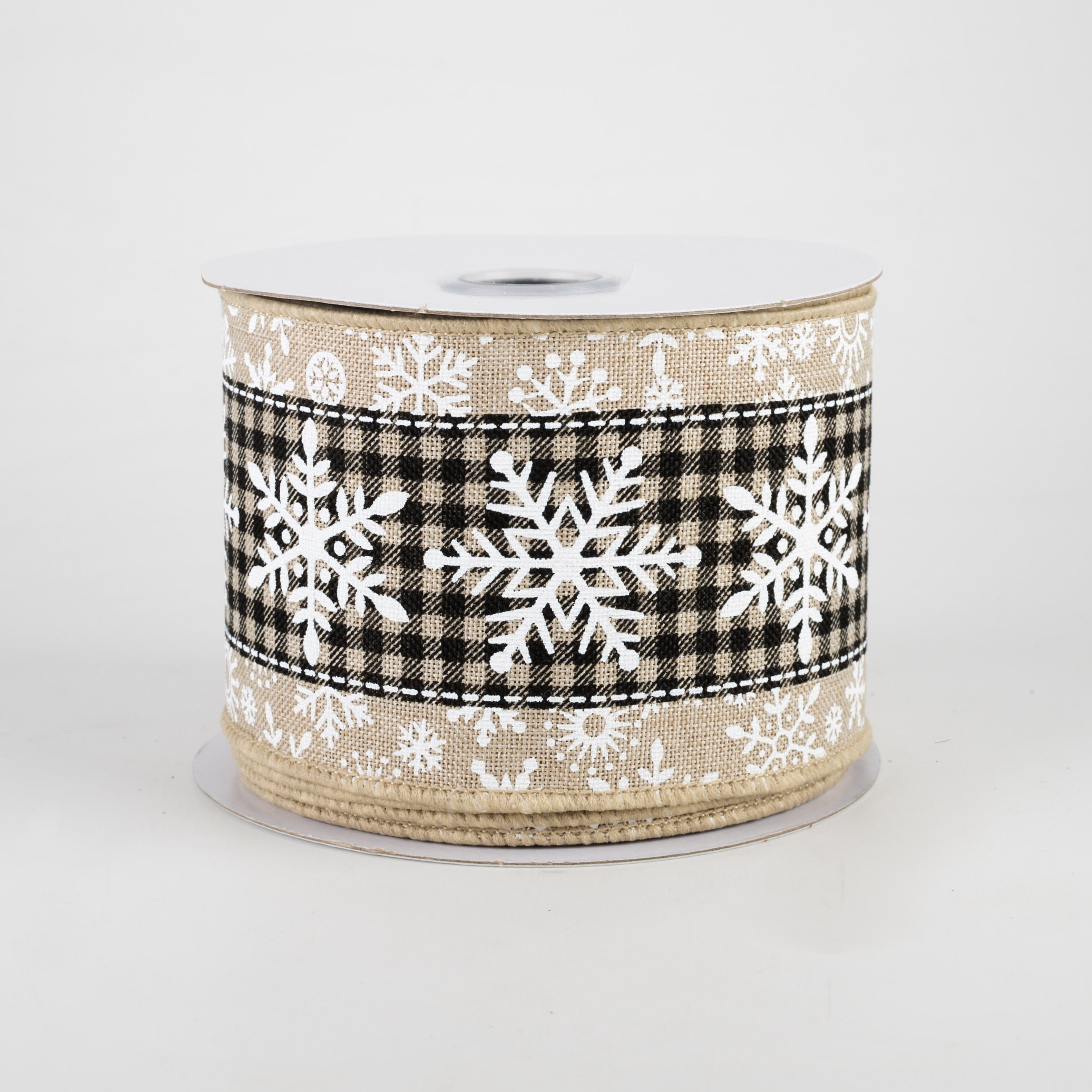 2.5" Snowflake On Check Center Ribbon: Light Natural, Black, White (10 Yards)