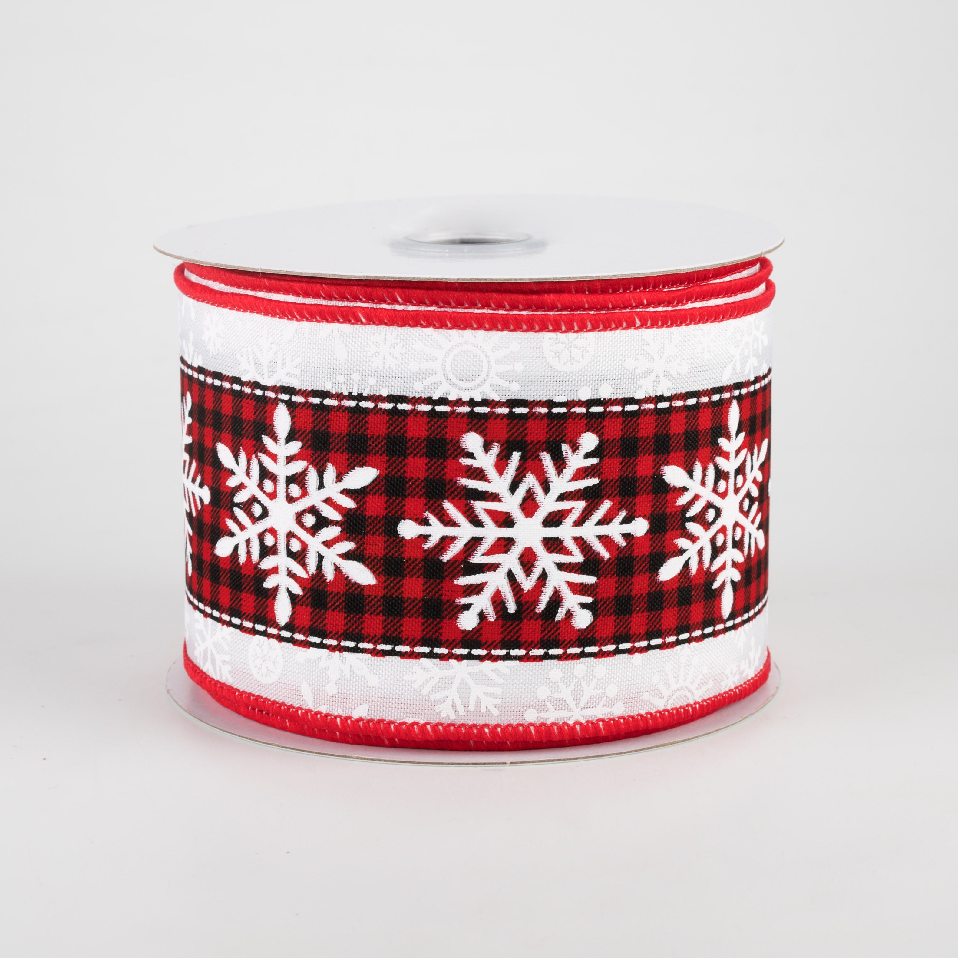2.5" Snowflake On Check Center Ribbon: Red, Black, White (10 Yards)