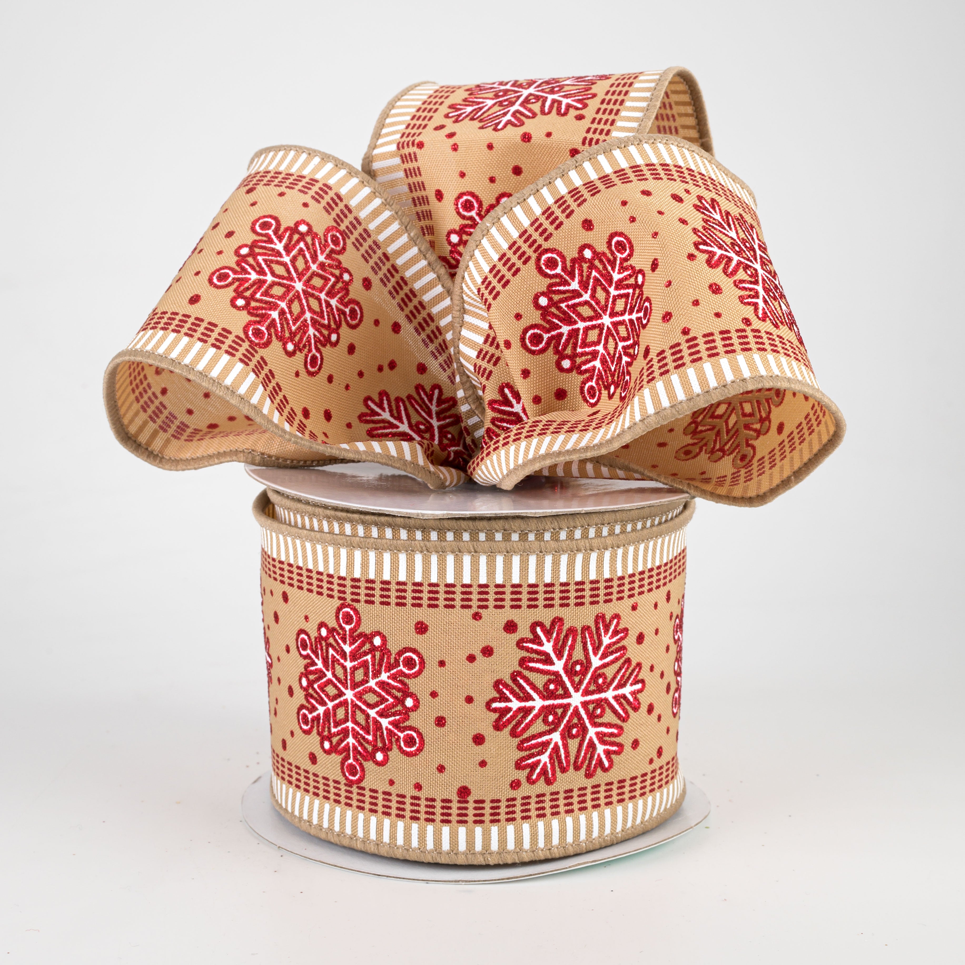 2.5" Snowflake Stripe Edge Ribbon: Tan (10 Yards) Lifestyle Photo