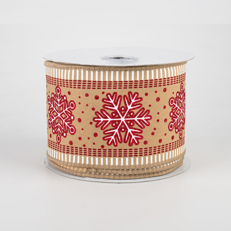 2.5" Snowflake Stripe Edge Ribbon: Tan (10 Yards)