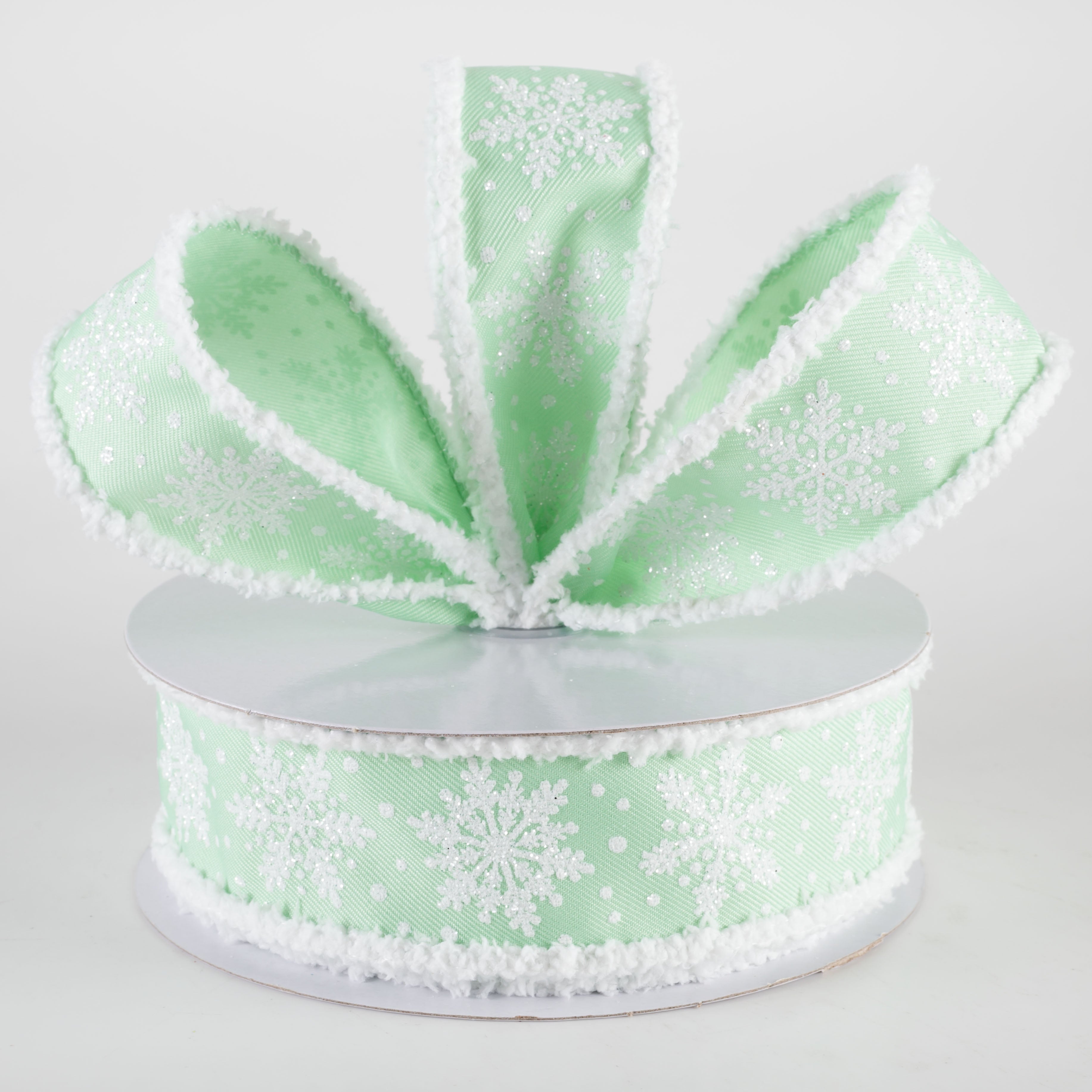 1.5" Snowflakes on Drift Fuzzy Edge Ribbon: Mint Green (10 Yards) Lifestyle Photo