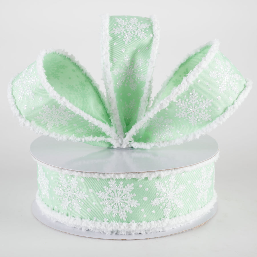 1.5" Snowflakes on Drift Fuzzy Edge Ribbon: Mint Green (10 Yards) Lifestyle Photo
