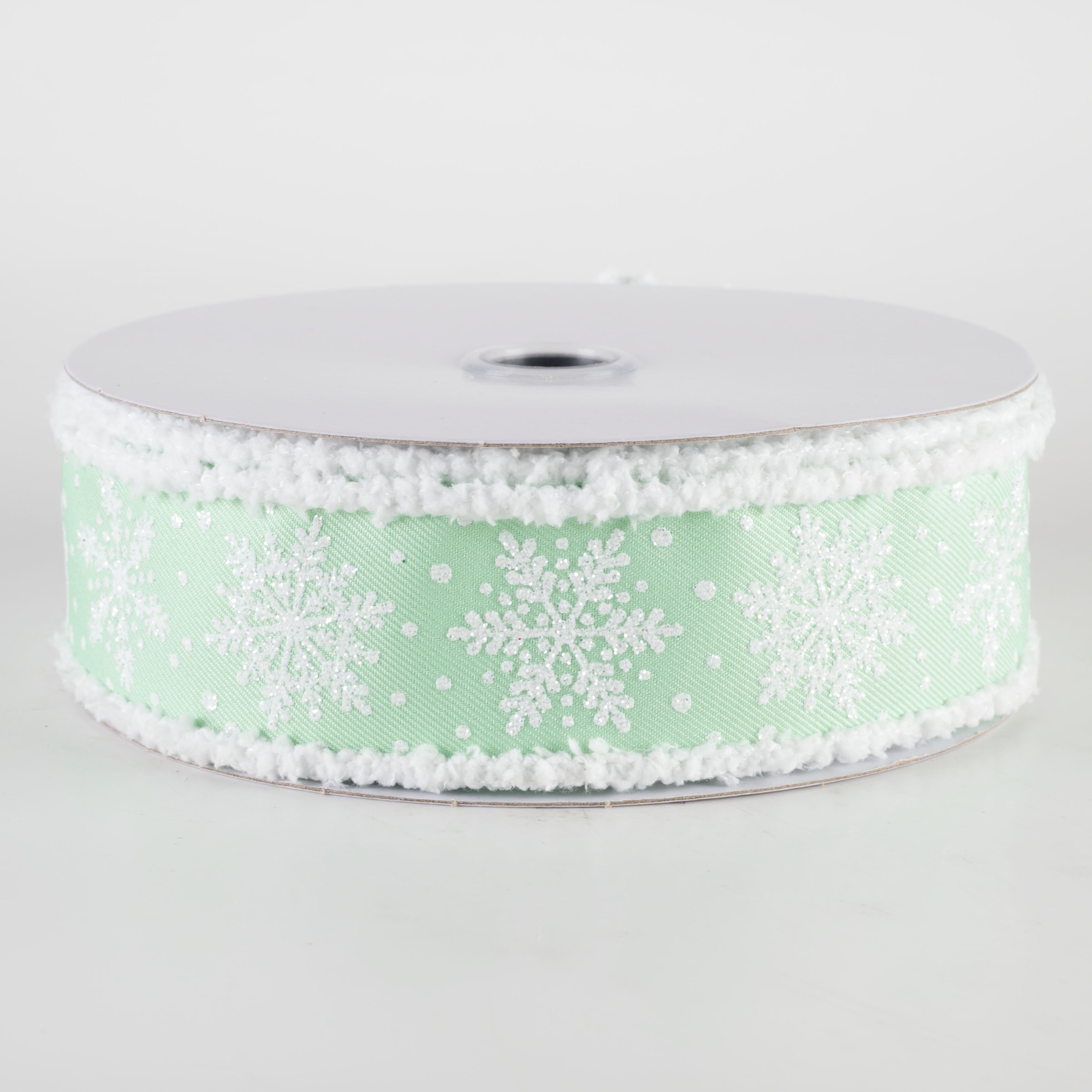 1.5" Snowflakes on Drift Fuzzy Edge Ribbon: Mint Green (10 Yards)
