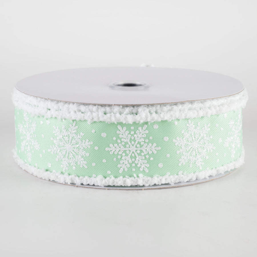 1.5" Snowflakes on Drift Fuzzy Edge Ribbon: Mint Green (10 Yards)