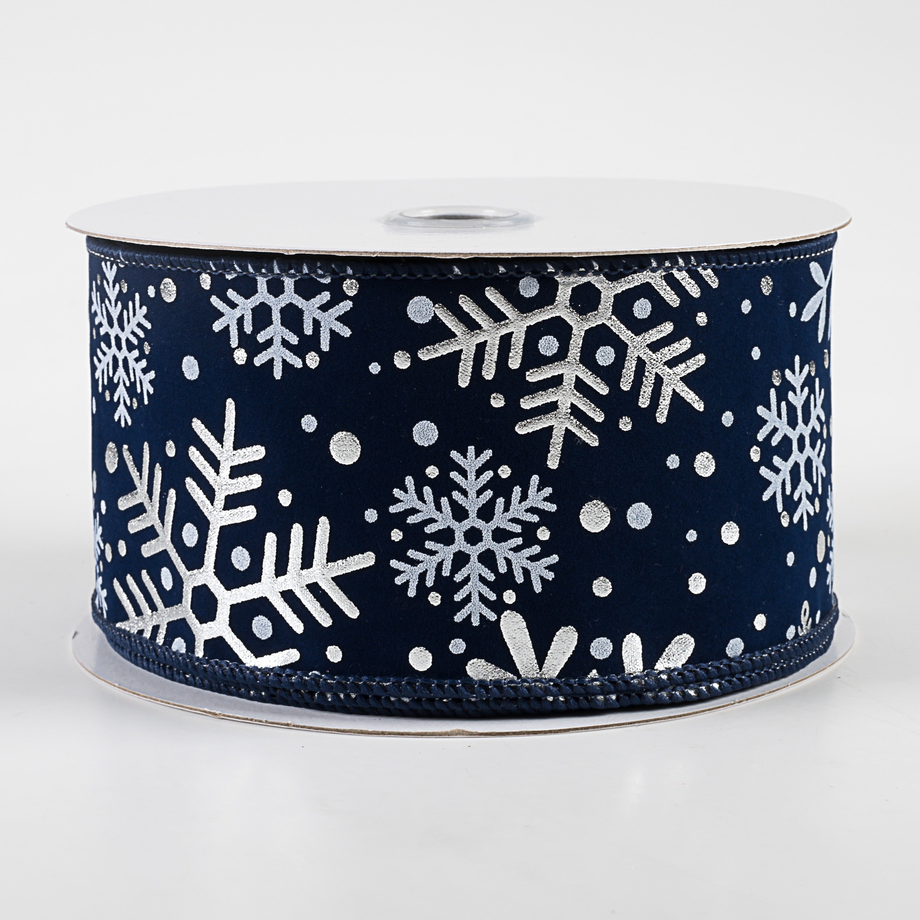 2.5" Snowflakes on Velvet Ribbon: Navy Blue & Silver (10 Yards)