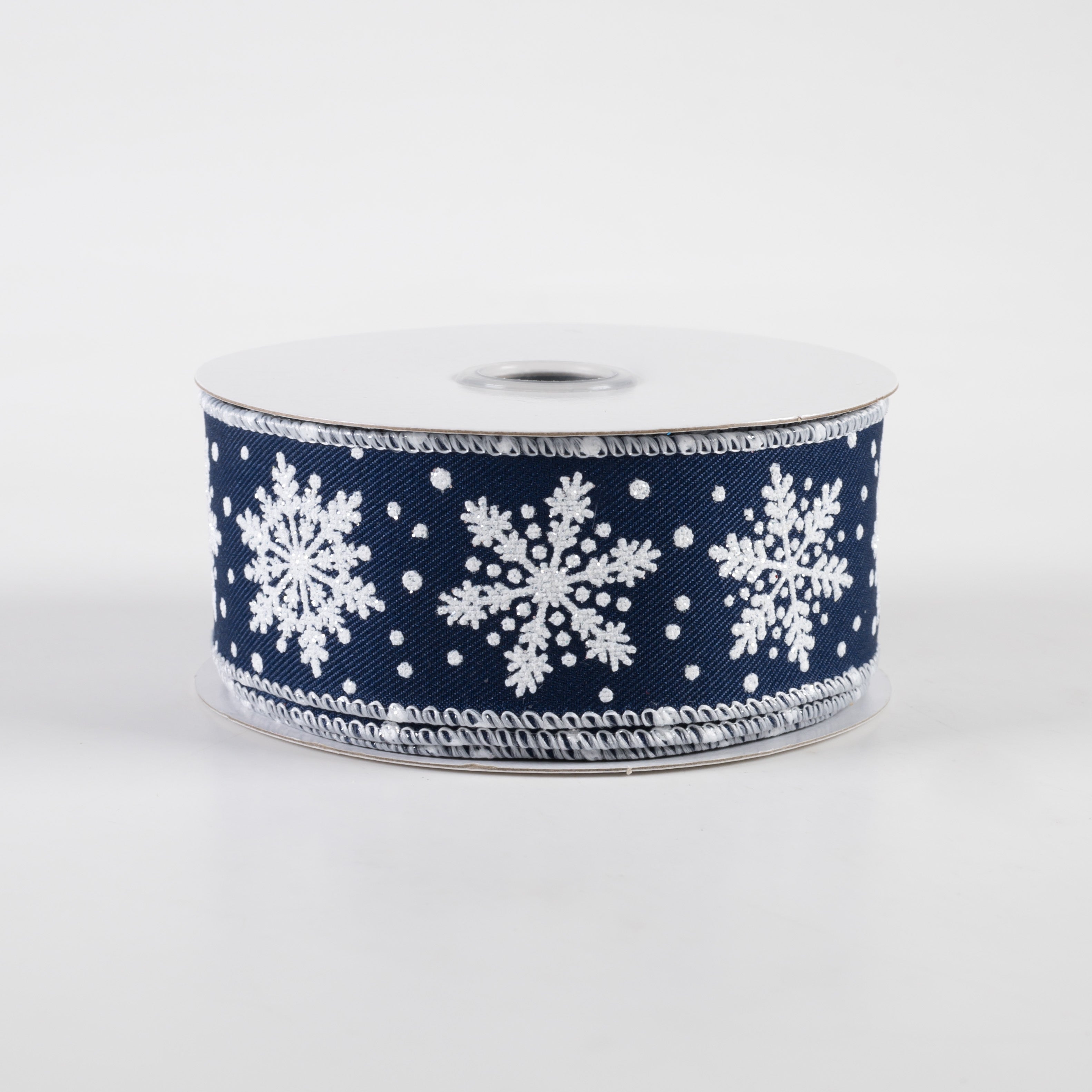 1.5" Snowflakes Ribbon: Navy Blue & White (10 Yards)