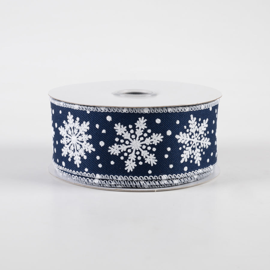 1.5" Snowflakes Ribbon: Navy Blue & White (10 Yards)
