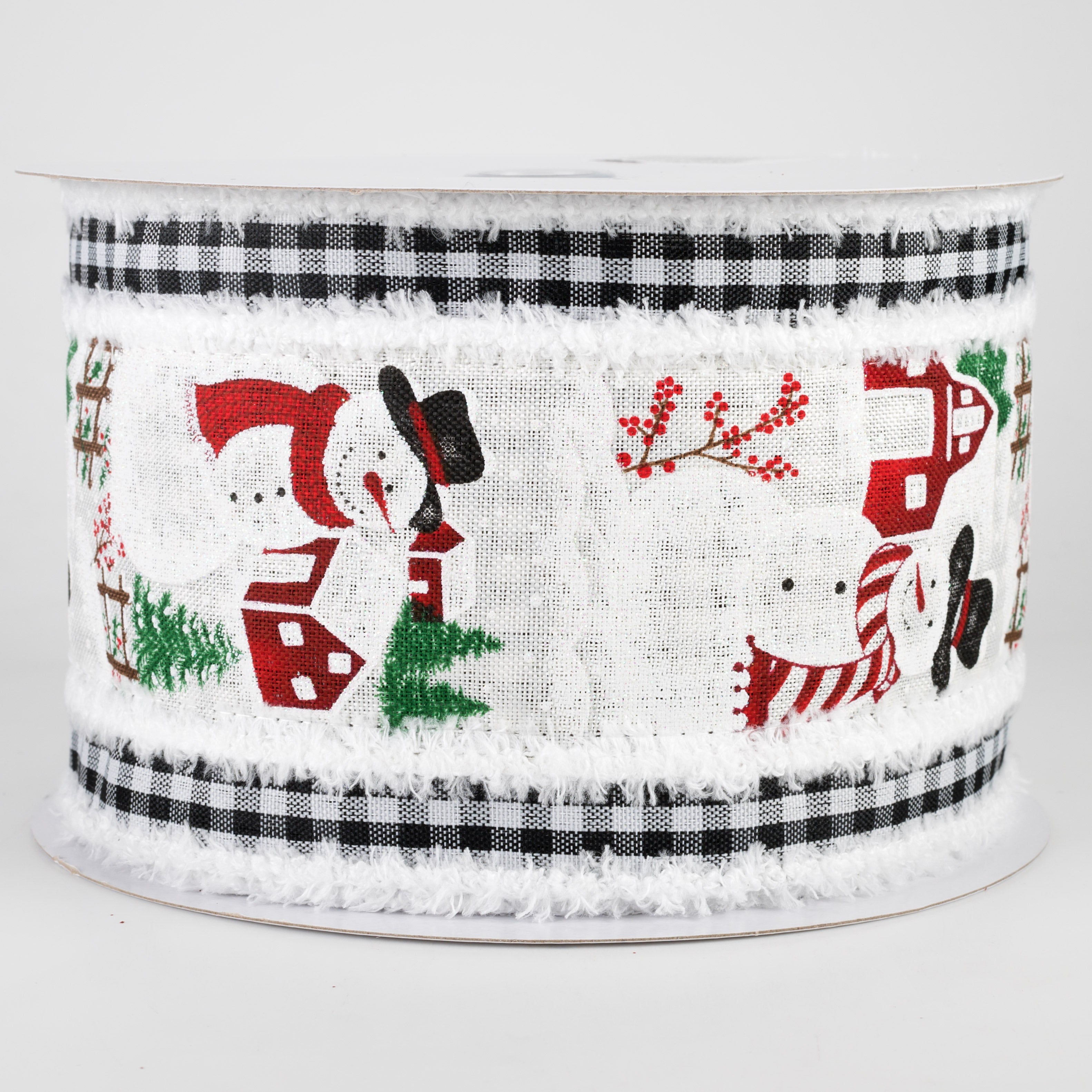 4" Snowman & Gingham Fuzzy Edge Ribbon (10 Yards)