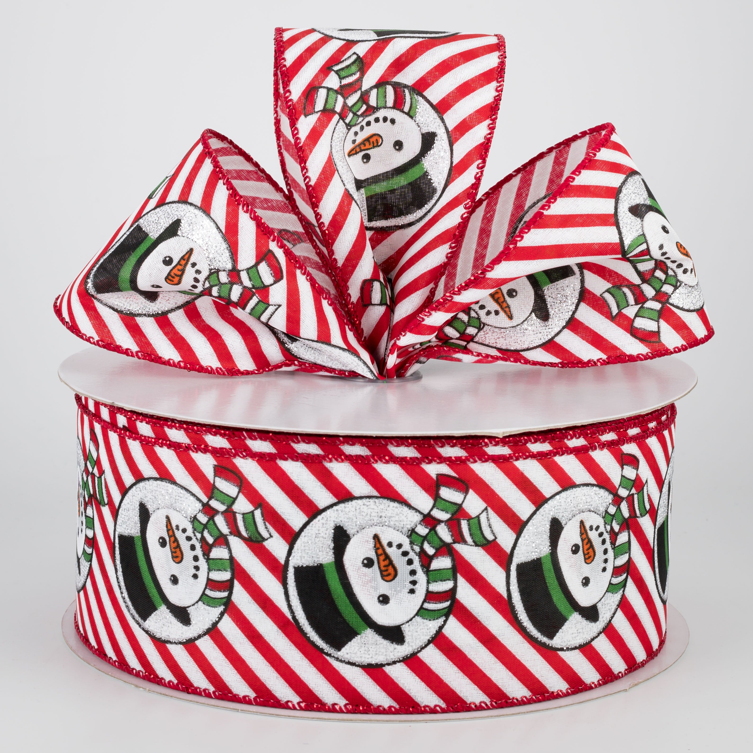 2.5" Snowman Head & Diagonal Stripes Ribbon: Red & White (50 Yards) Lifestyle Photo