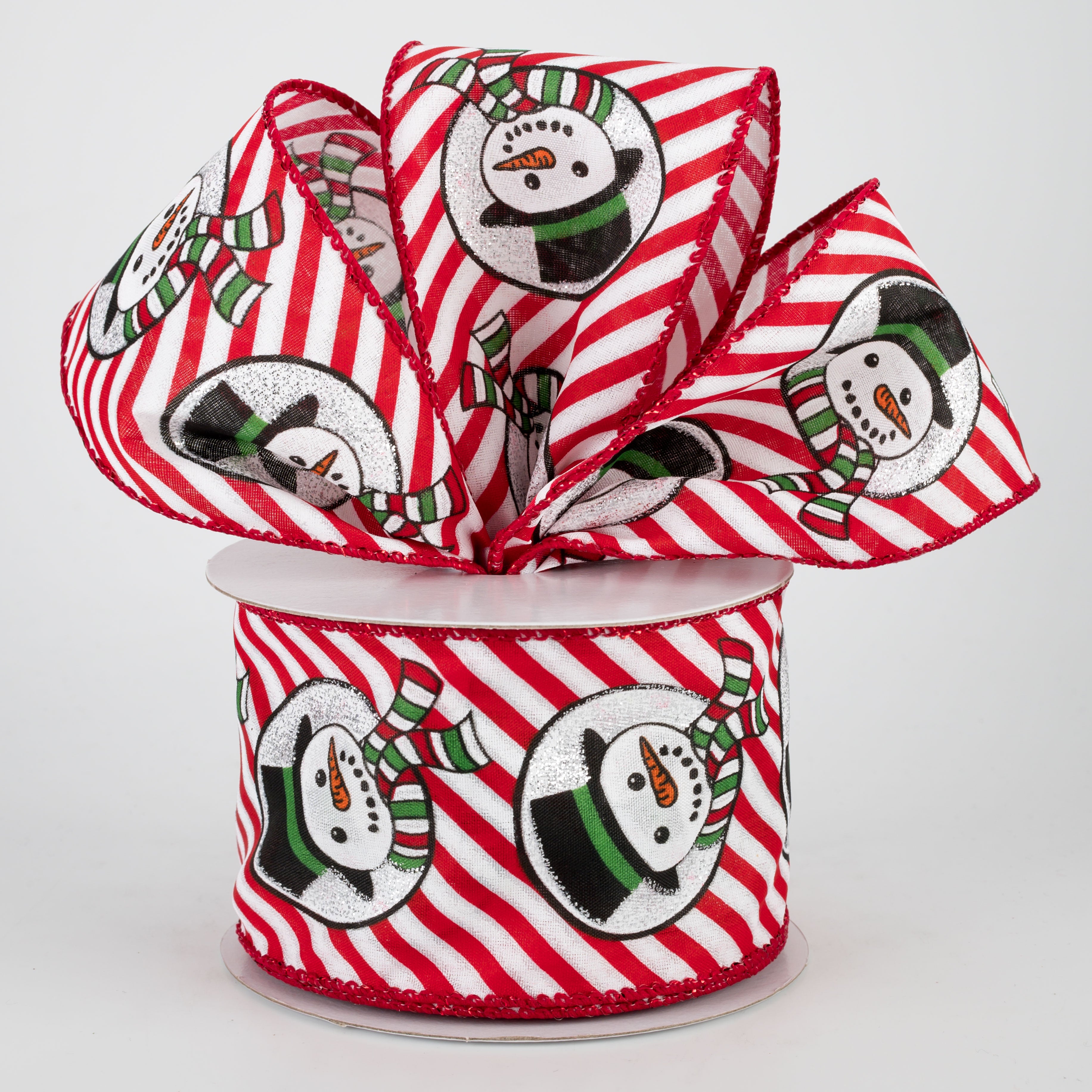 2.5" Snowman Head & Diagonal Stripes Ribbon: Red & White (10 Yards) Lifestyle Photo