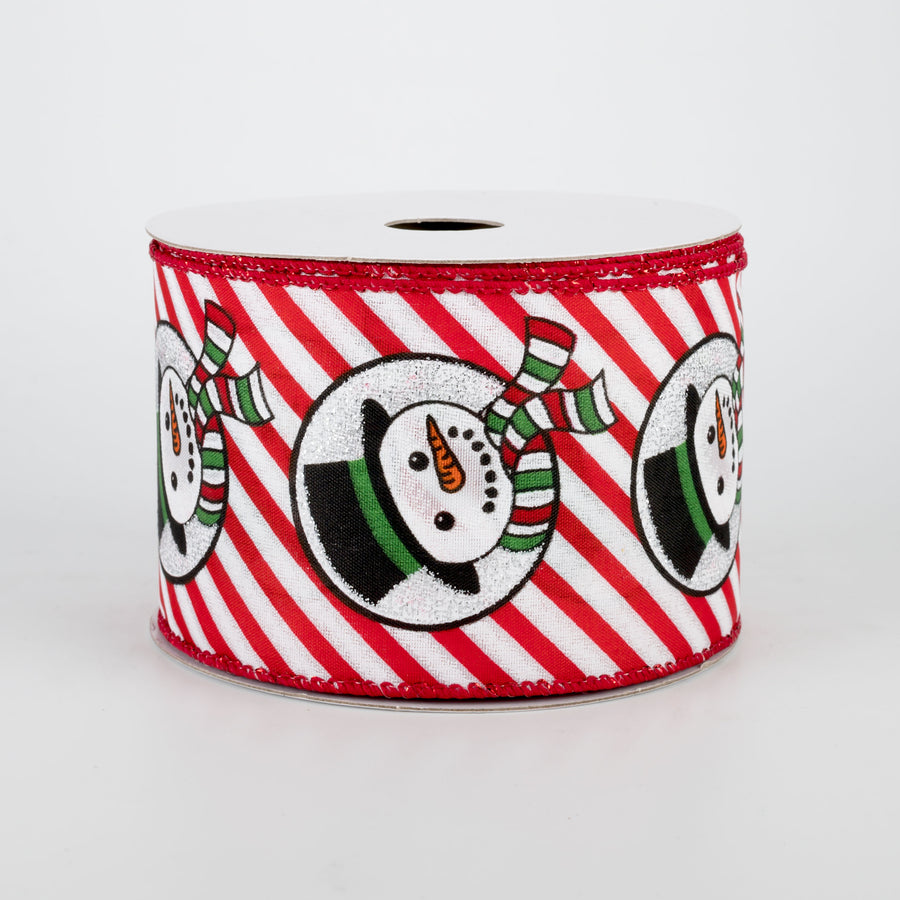 2.5" Snowman Head & Diagonal Stripes Ribbon: Red & White (10 Yards)