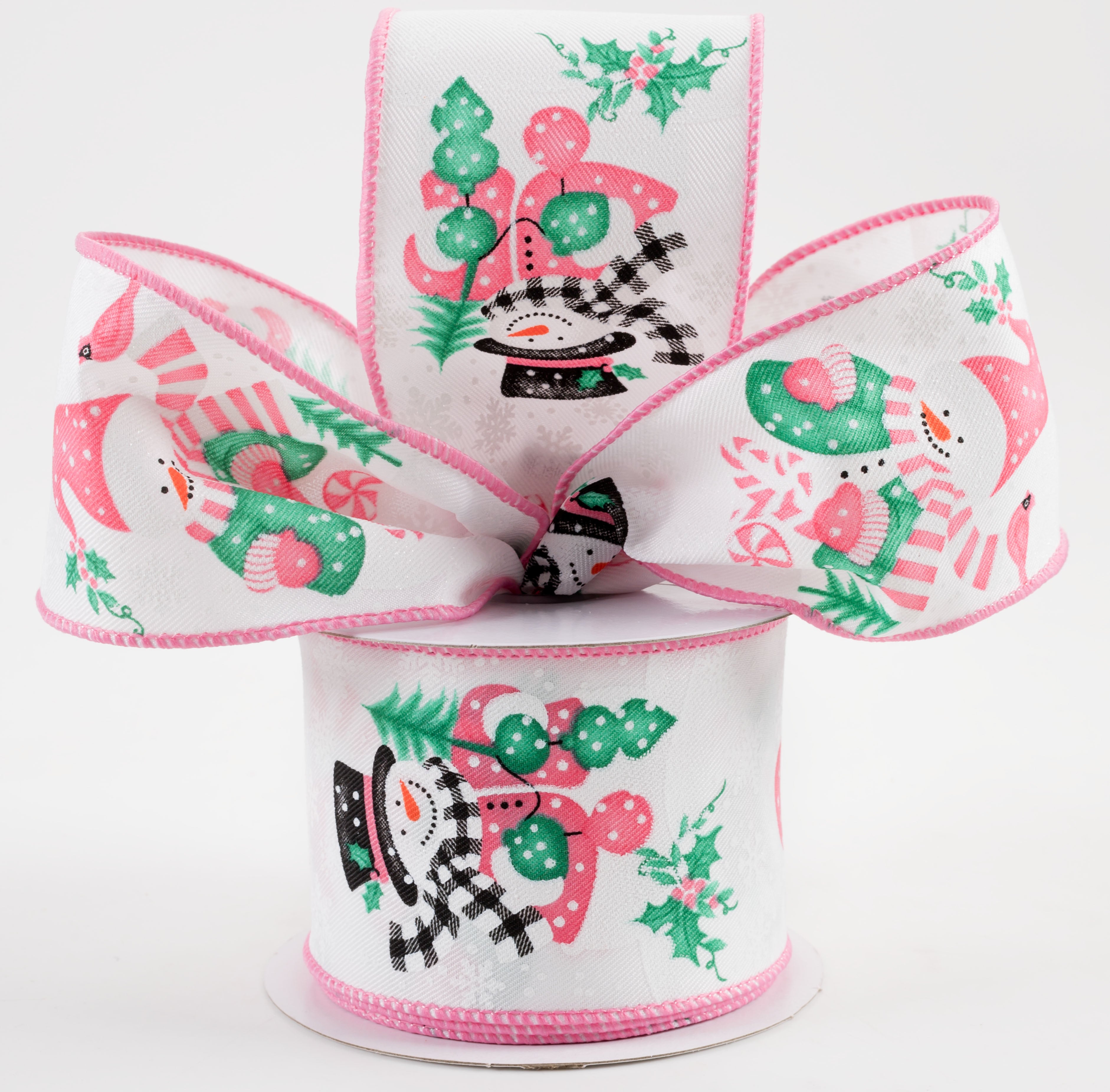 2.5" Snowman on Diagonal Weave Ribbon: Pink & Jade (10 Yards) Lifestyle Photo