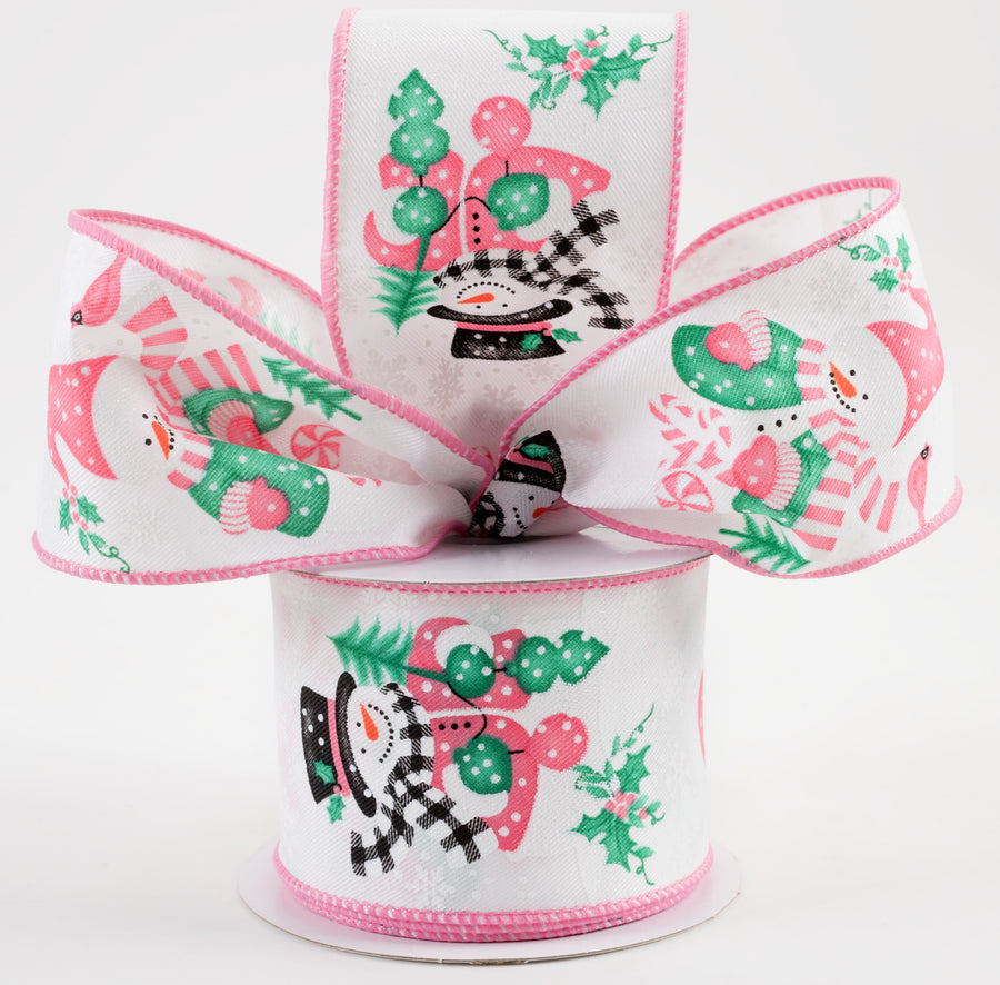 2.5" Snowman on Diagonal Weave Ribbon: Pink & Jade (10 Yards) Lifestyle Photo