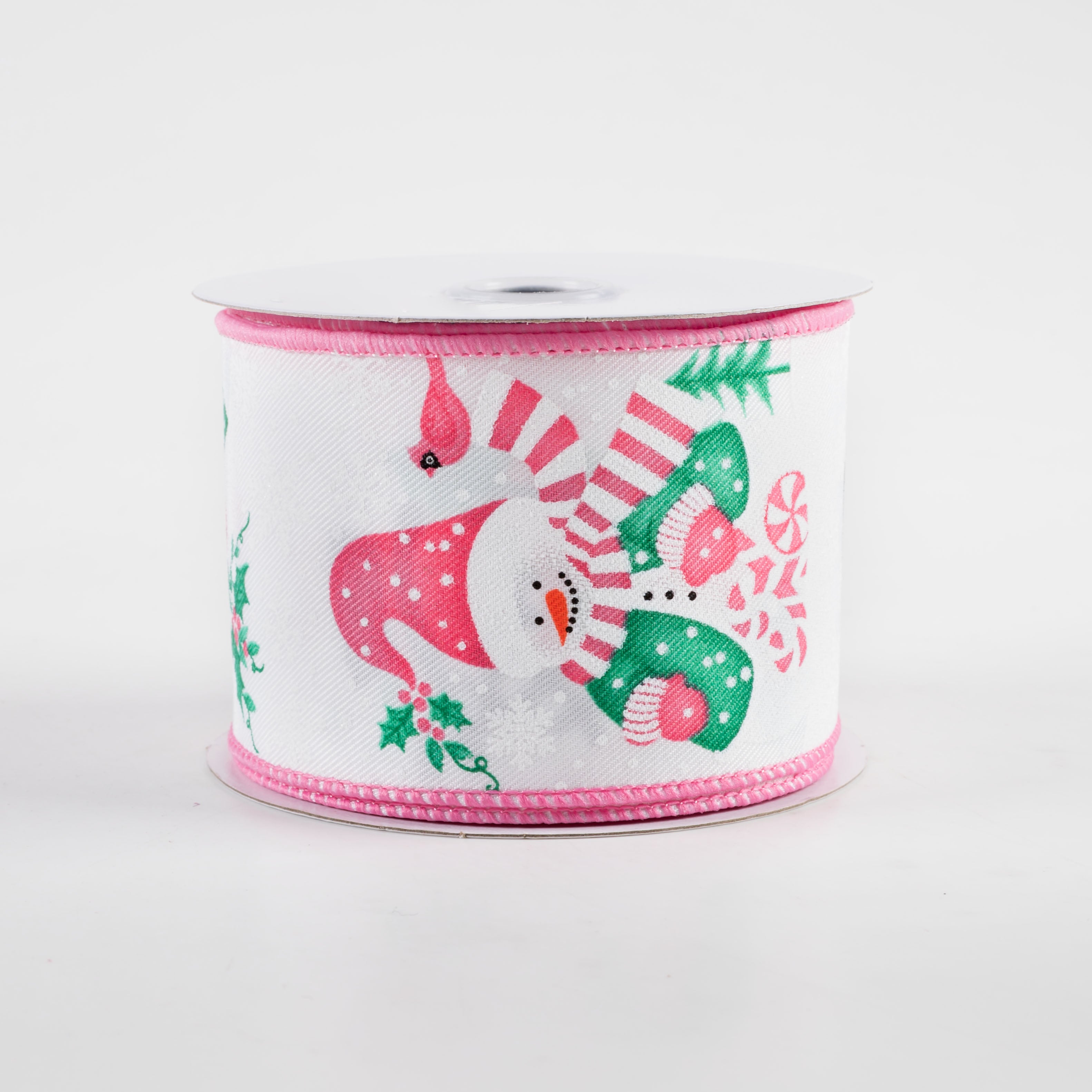 2.5" Snowman on Diagonal Weave Ribbon: Pink & Jade (10 Yards)