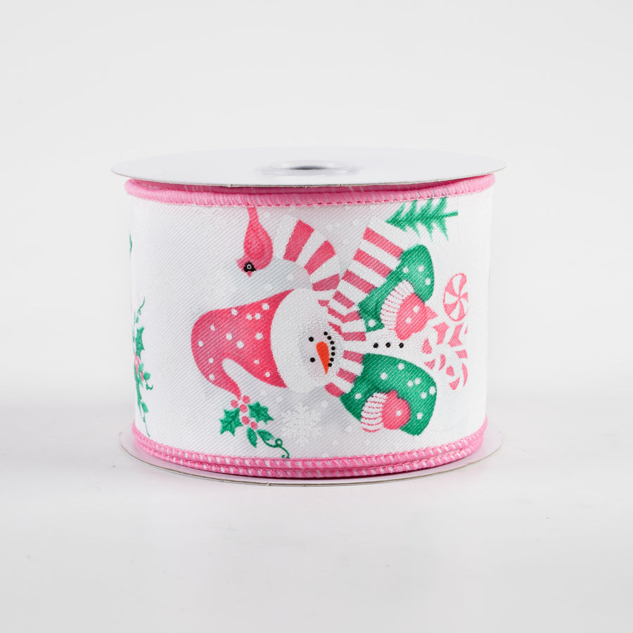 2.5" Snowman on Diagonal Weave Ribbon: Pink & Jade (10 Yards)