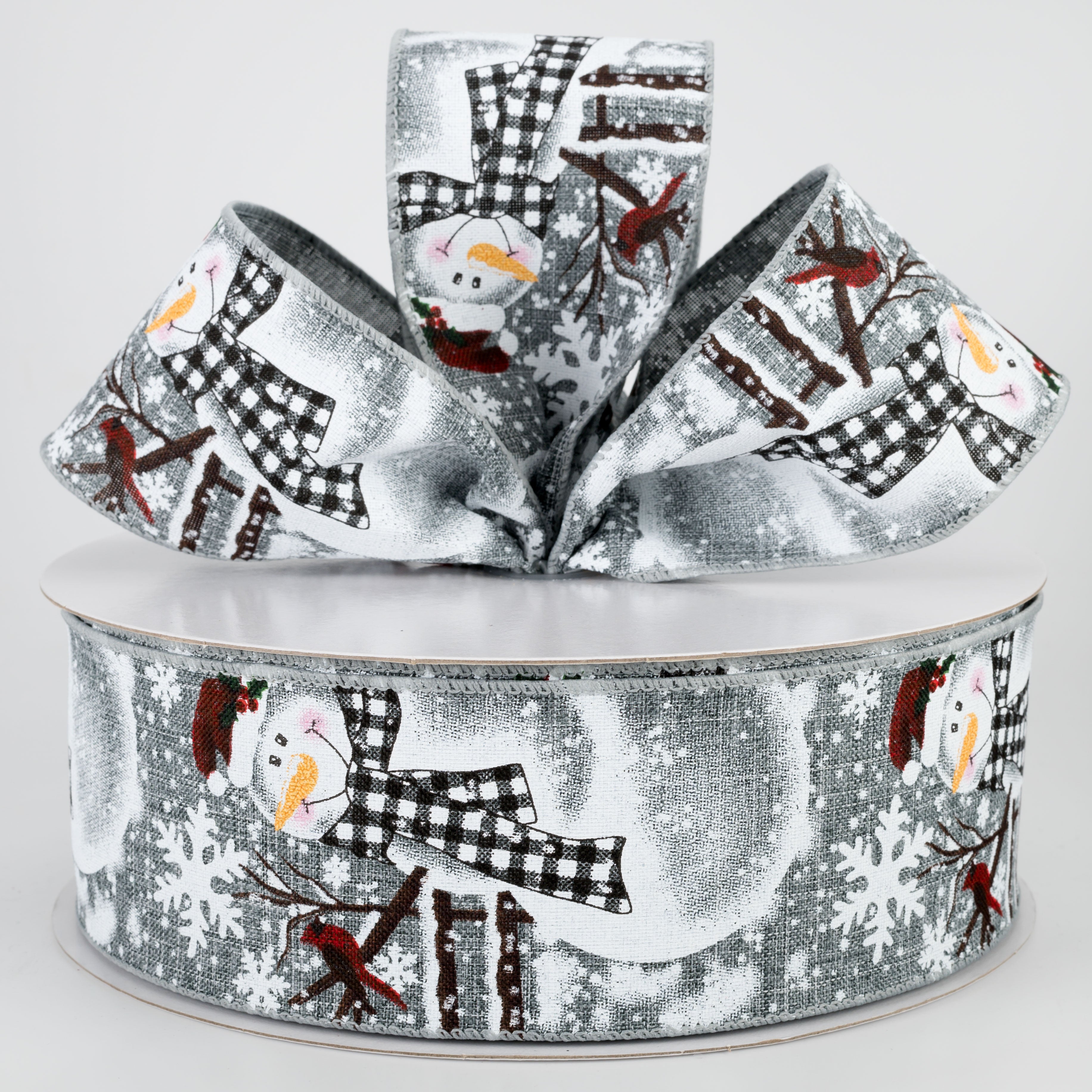 2.5" Snowman With Plaid Scarf Ribbon: Grey (50 Yards) Lifestyle Photo