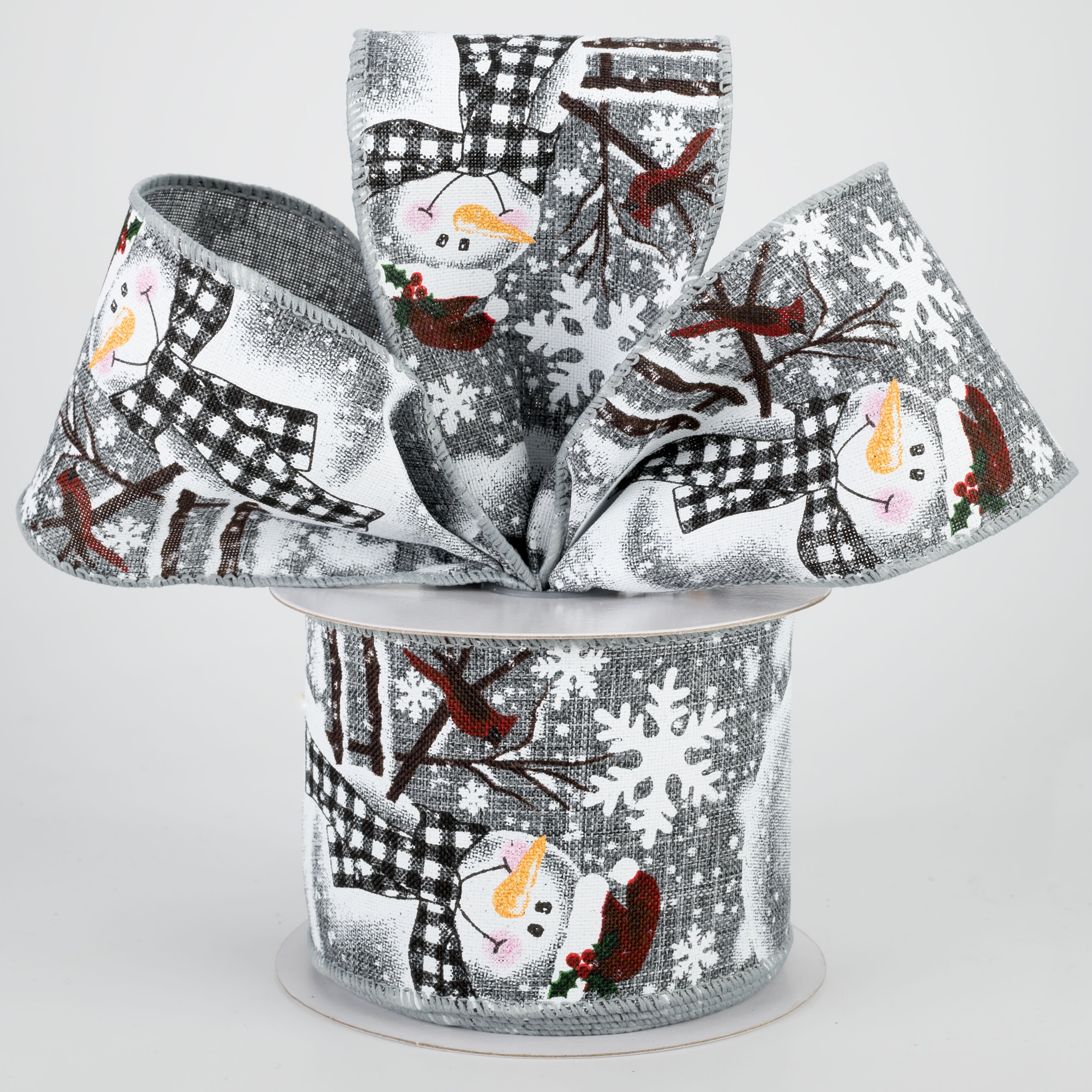 2.5" Snowman With Plaid Scarf Ribbon: Grey (10 Yards) Lifestyle Photo