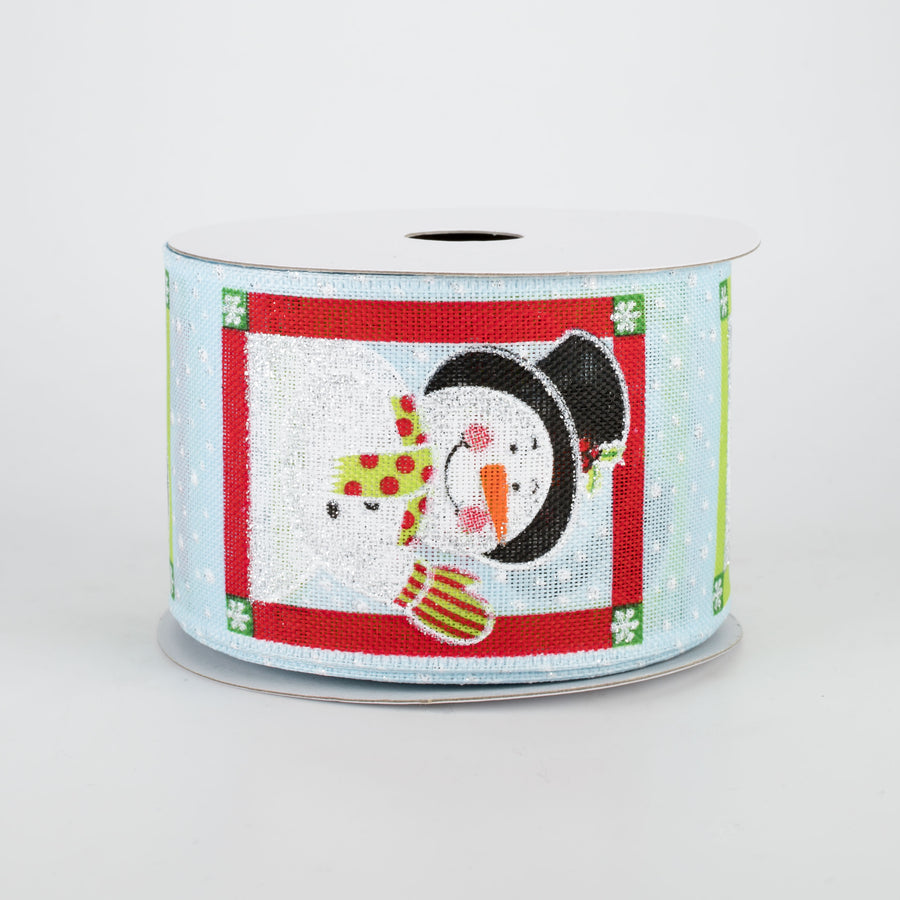 2.5" Snowmen In Square Frames Ribbon: Light Blue (10 Yards)