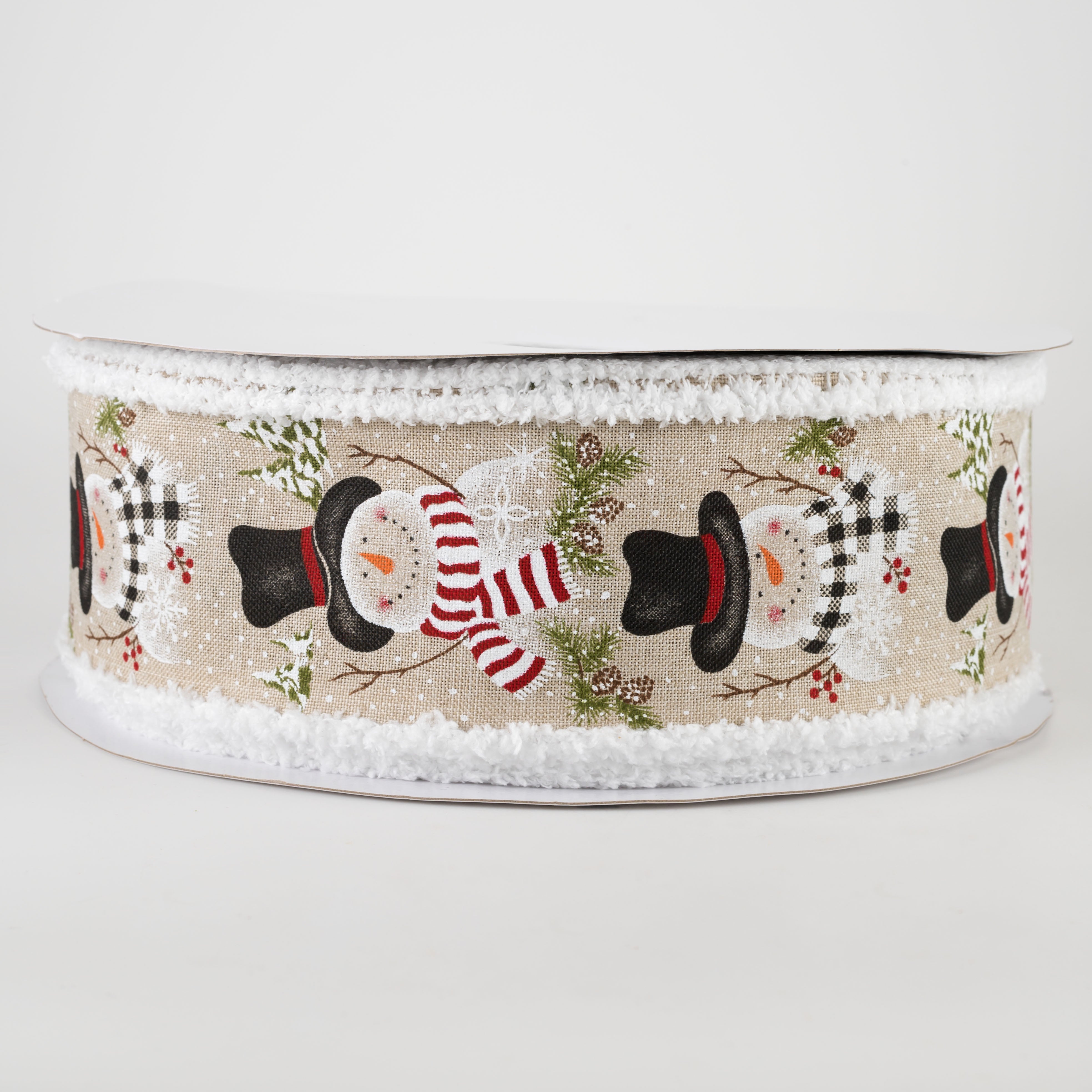 2.5" Snowmen With Scarves & Pine Fuzzy Edge Ribbon: Light Natural (50 Yards)