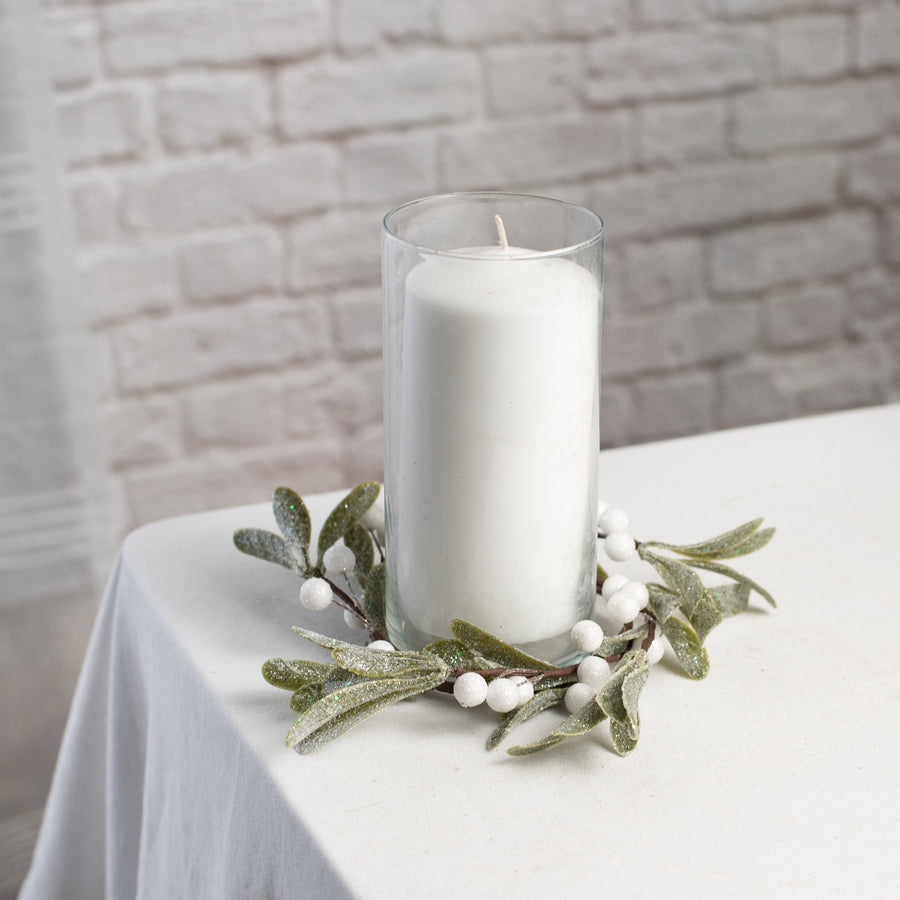 3.5" Snowy Glittered Mistletoe Candle Ring Lifestyle Photo